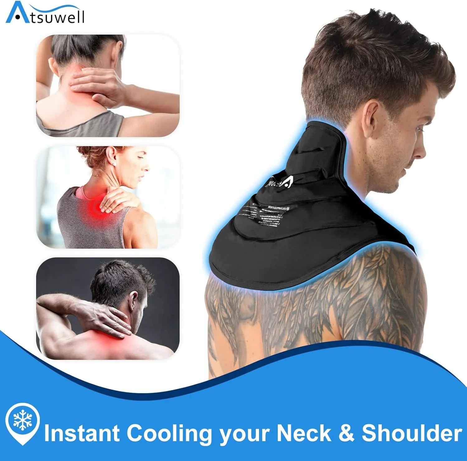 Atsuwell Neck Ice Pack Wrap, Reusable Gel Ice Pack Neck Shoulders, Cold Wrap for Upper Back Cold Compression, Flexible Necks Shoulder Gel Pad for Men Women, Black
