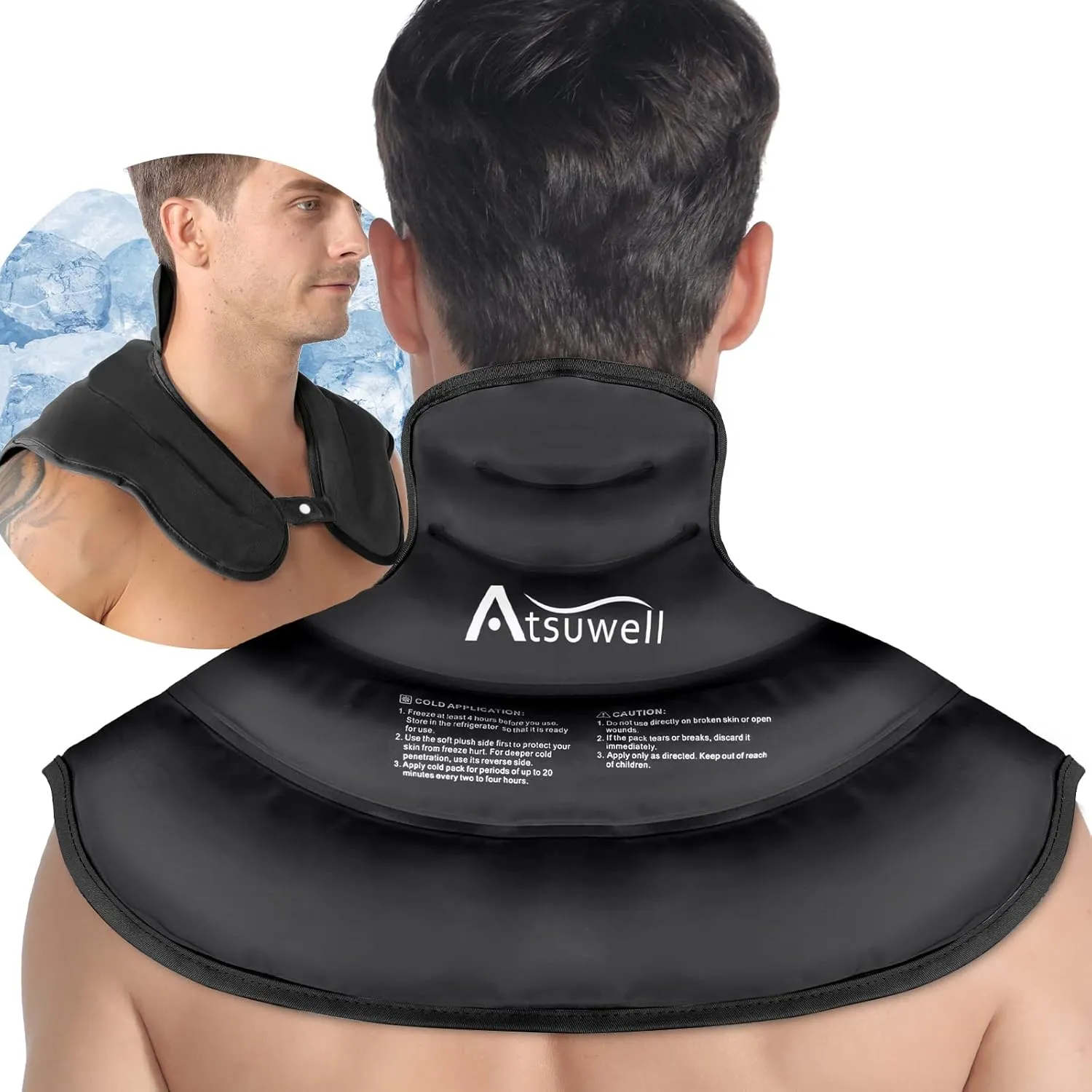 Atsuwell Neck Ice Pack Wrap, Reusable Gel Ice Pack Neck Shoulders, Cold Wrap for Upper Back Cold Compression, Flexible Necks Shoulder Gel Pad for Men Women, Black