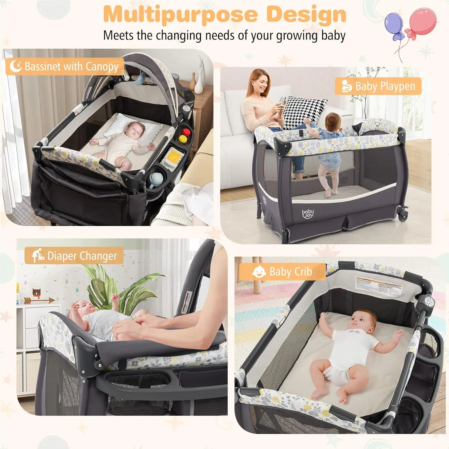 BABY JOY 4 in 1 Pack and Play, Portable Baby Playard with Bassinet & Flip-Away Changing Table, Canopy, Infant Bassinet Activity Center with Storage Basket, Oxford Bag from Newborn to Toddlers