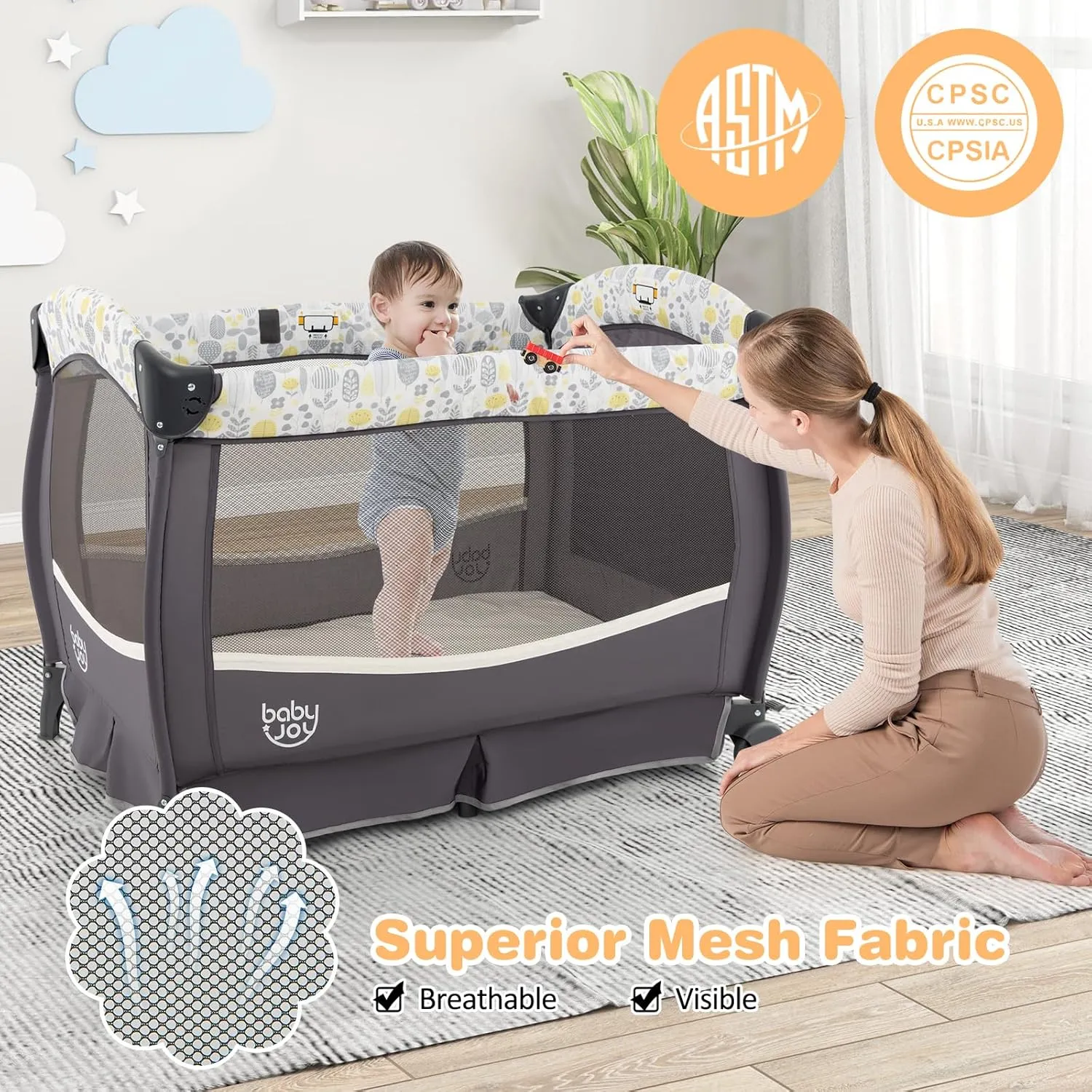 BABY JOY 4 in 1 Pack and Play, Portable Baby Playard with Bassinet & Flip-Away Changing Table, Canopy, Infant Bassinet Activity Center with Storage Basket, Oxford Bag from Newborn to Toddlers