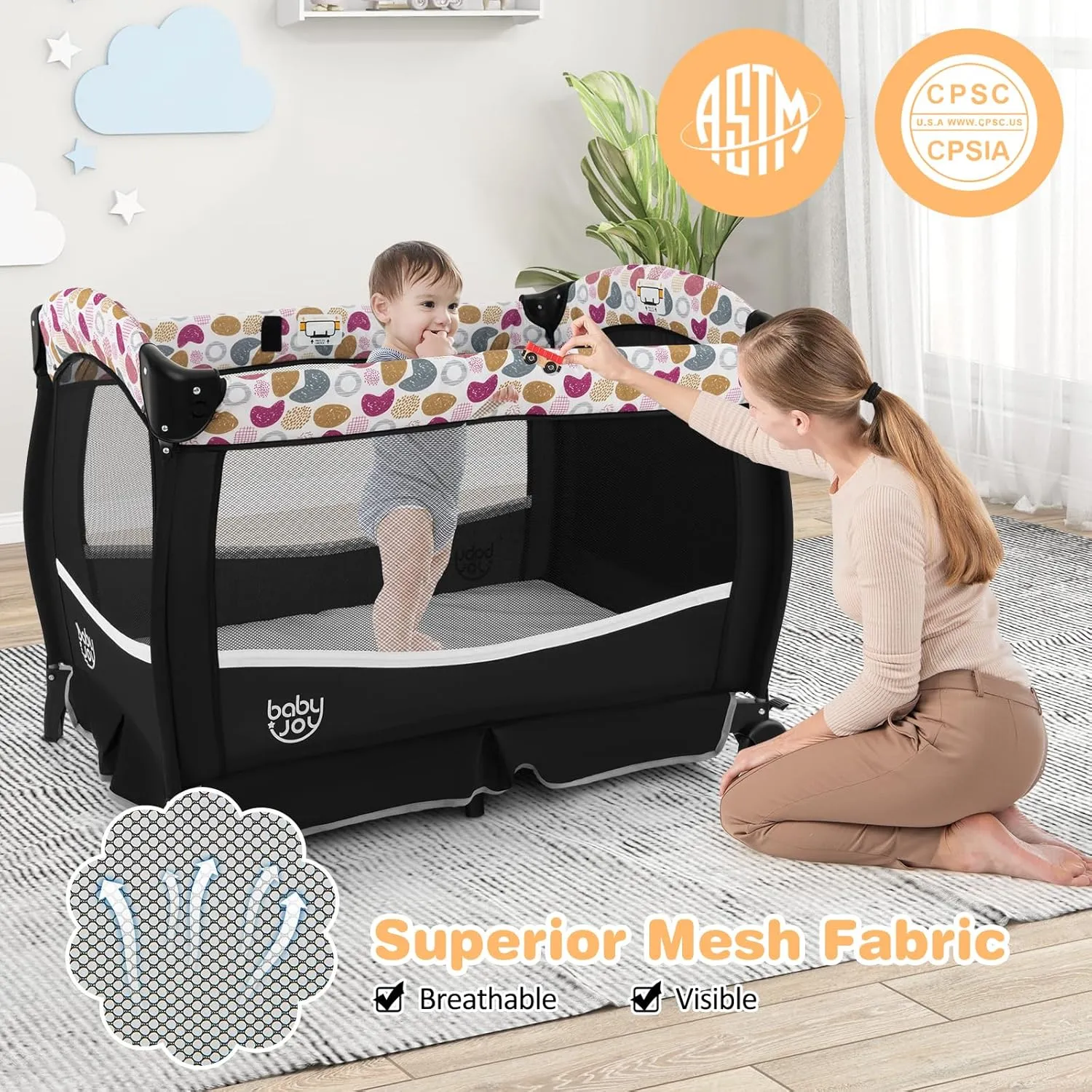 BABY JOY 4 in 1 Pack and Play, Portable Baby Playard with Bassinet & Flip-Away Changing Table, Canopy, Infant Bassinet with Storage Basket, Oxford Bag from Newborn to Toddlers (Circle)