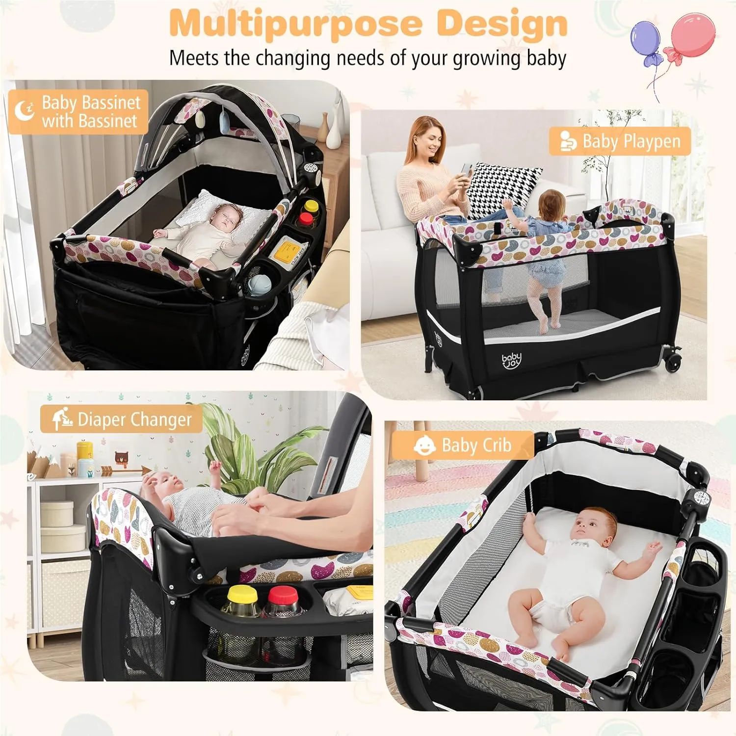 BABY JOY 4 in 1 Pack and Play, Portable Baby Playard with Bassinet & Flip-Away Changing Table, Canopy, Infant Bassinet with Storage Basket, Oxford Bag from Newborn to Toddlers (Circle)