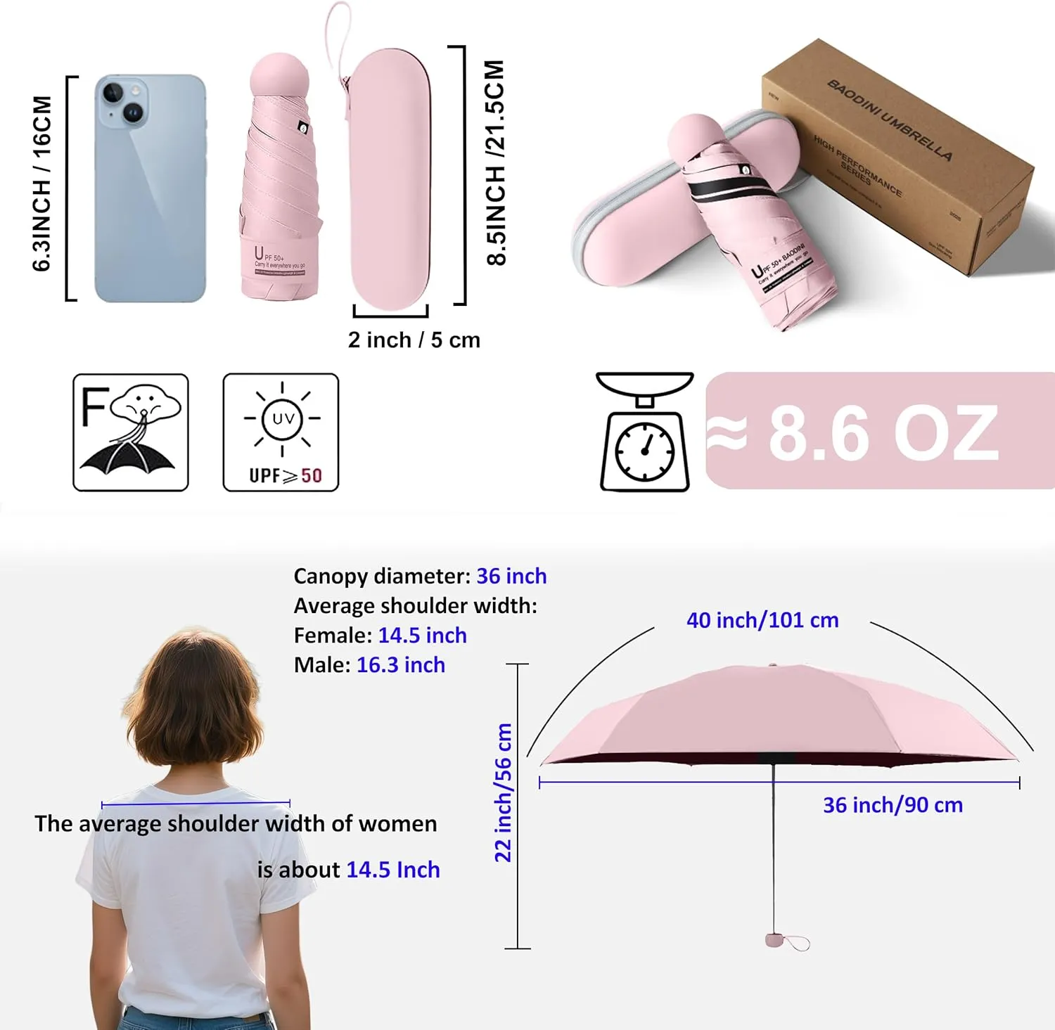 BAODINI Travel Mini Umbrella for Purse With Case Small Compact UV Sun Protection Sun Lightweight Tiny Pocket Umbrella for Women Girls and Men