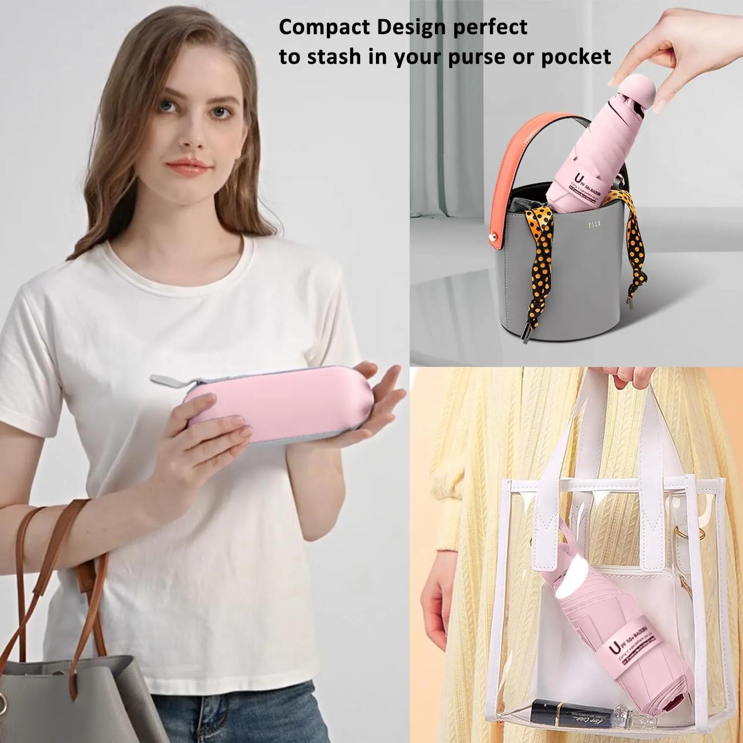 BAODINI Travel Mini Umbrella for Purse With Case Small Compact UV Sun Protection Sun Lightweight Tiny Pocket Umbrella for Women Girls and Men
