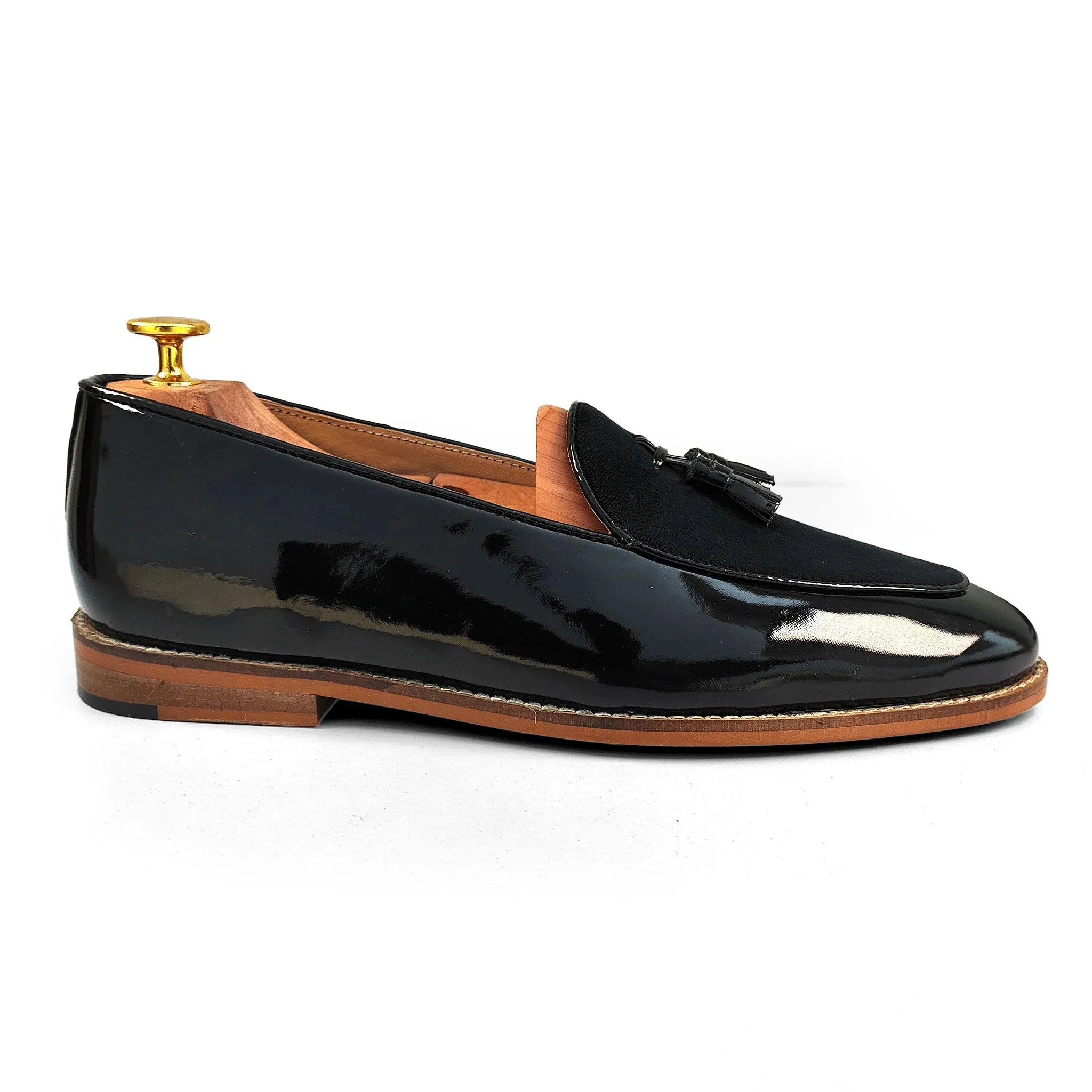 Black Patent and Velvet Tassle Ethnic Wedding Shoes Loafer Slipon for Men