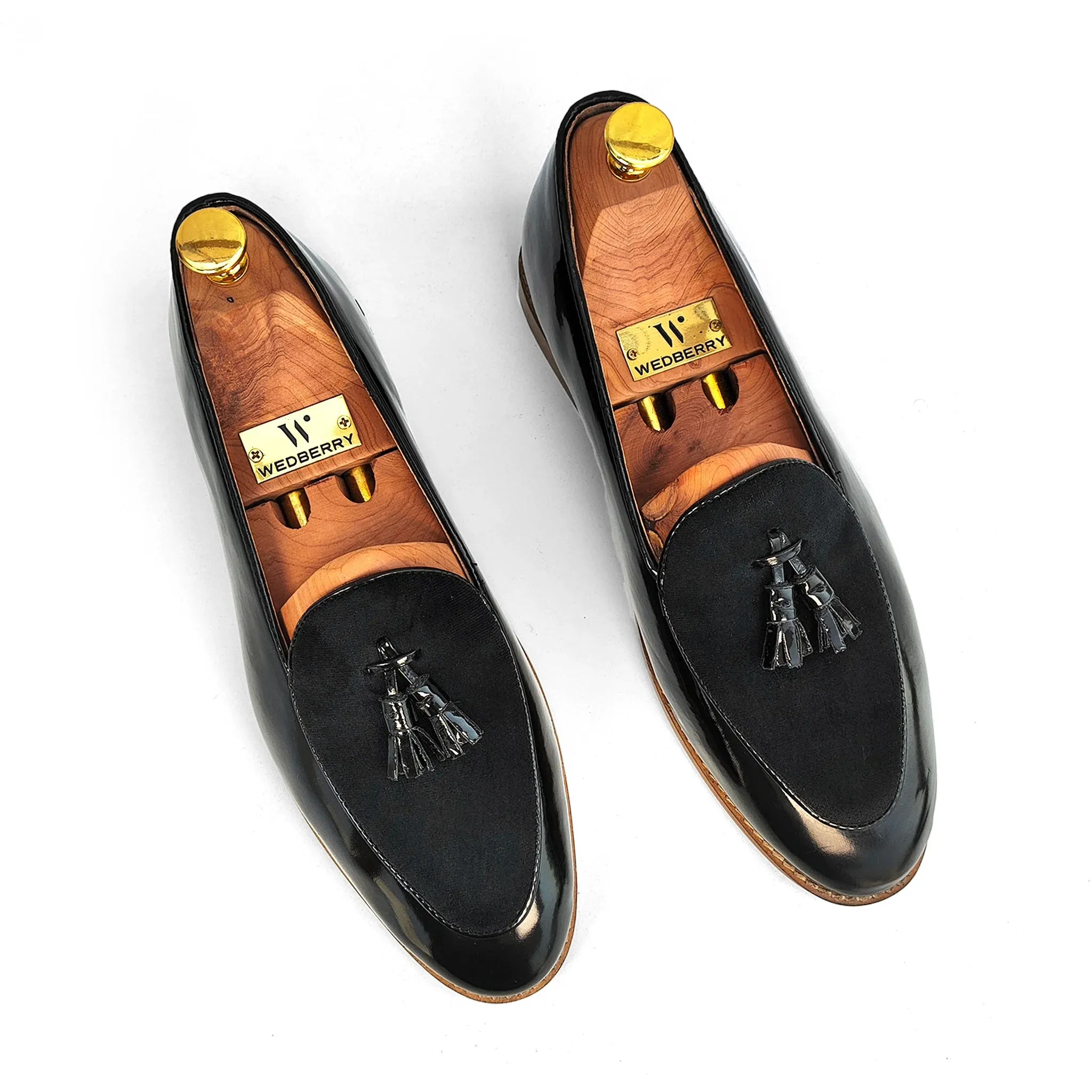Black Patent and Velvet Tassle Ethnic Wedding Shoes Loafer Slipon for Men