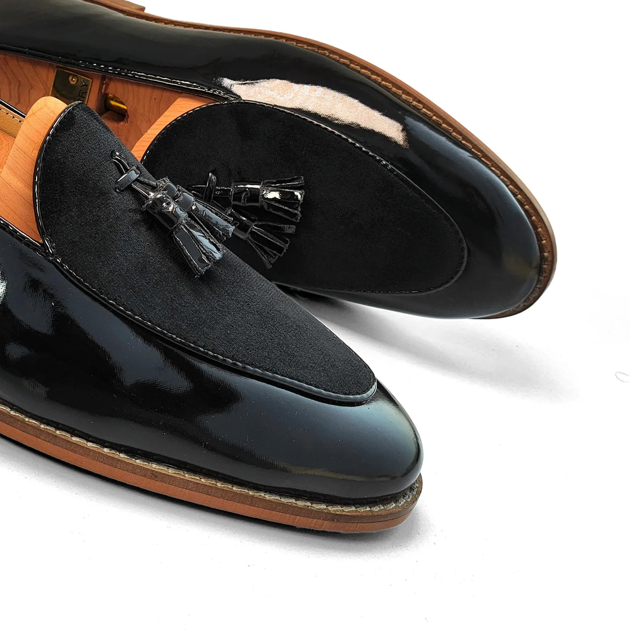 Black Patent and Velvet Tassle Ethnic Wedding Shoes Loafer Slipon for Men
