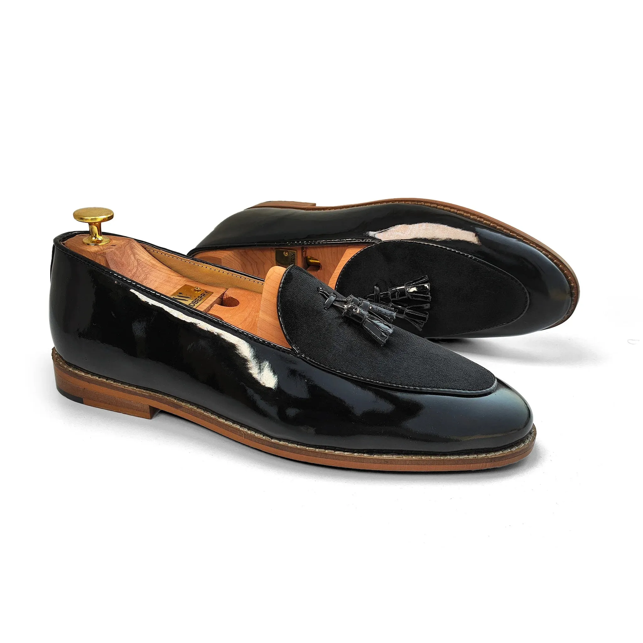 Black Patent and Velvet Tassle Ethnic Wedding Shoes Loafer Slipon for Men