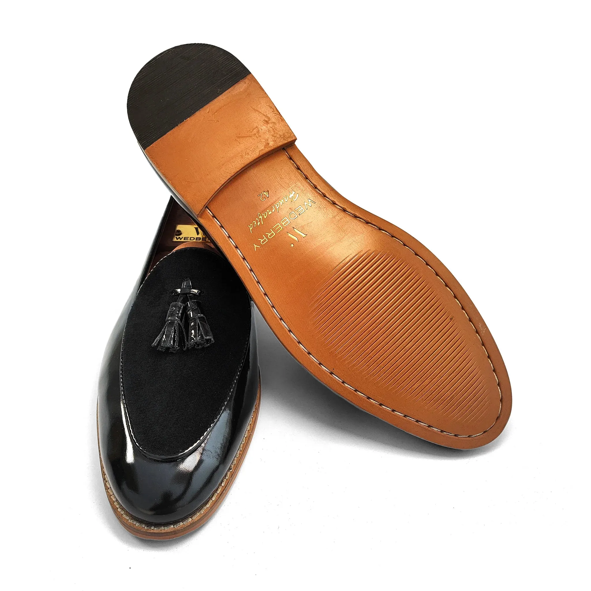Black Patent and Velvet Tassle Ethnic Wedding Shoes Loafer Slipon for Men