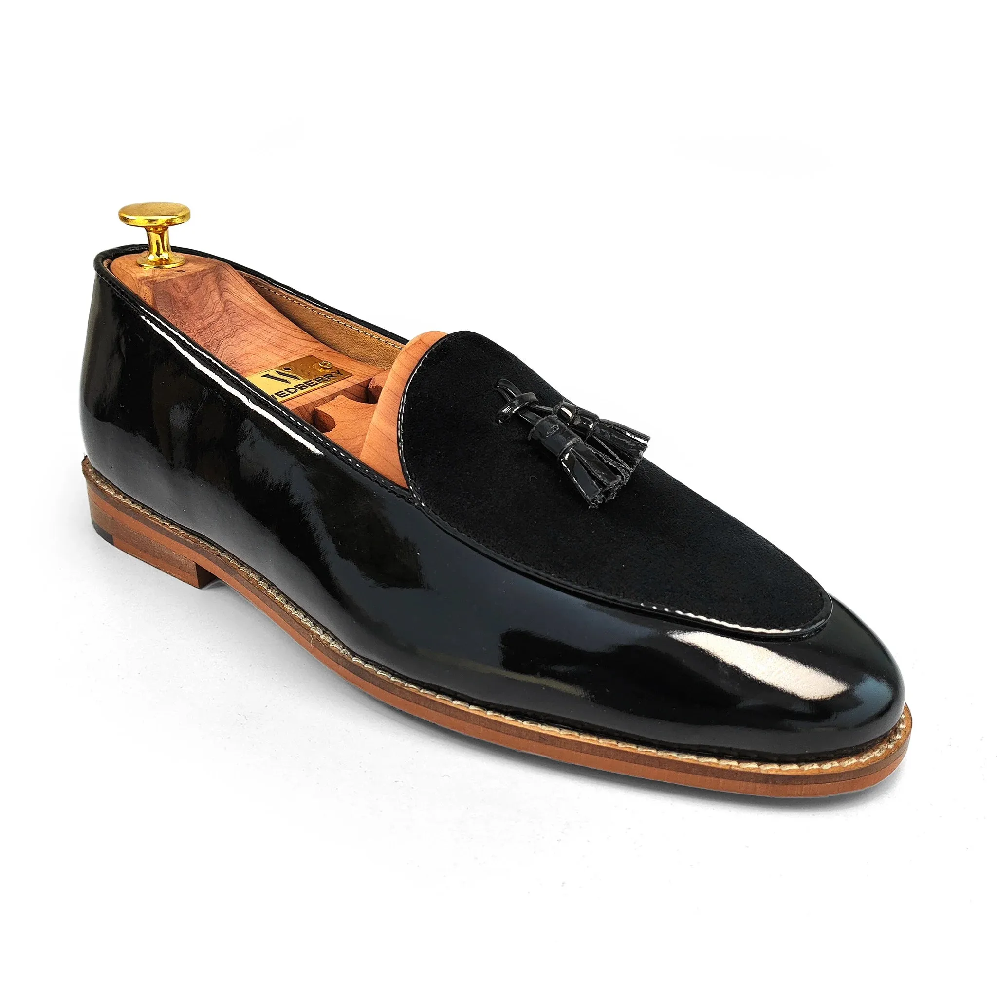 Black Patent and Velvet Tassle Ethnic Wedding Shoes Loafer Slipon for Men