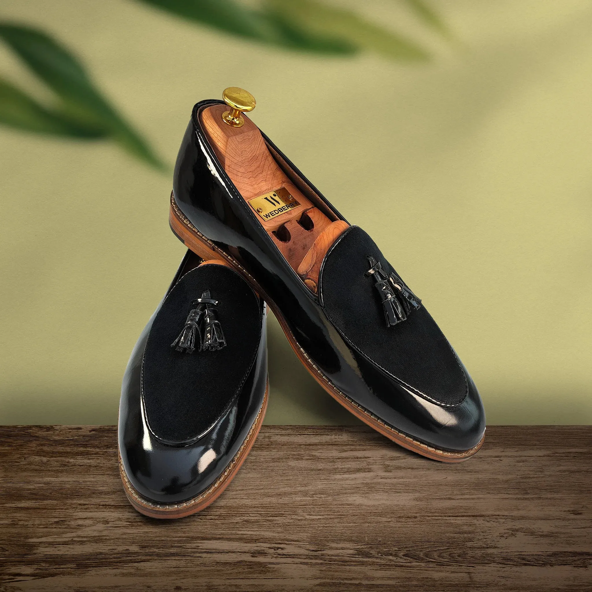 Black Patent and Velvet Tassle Ethnic Wedding Shoes Loafer Slipon for Men