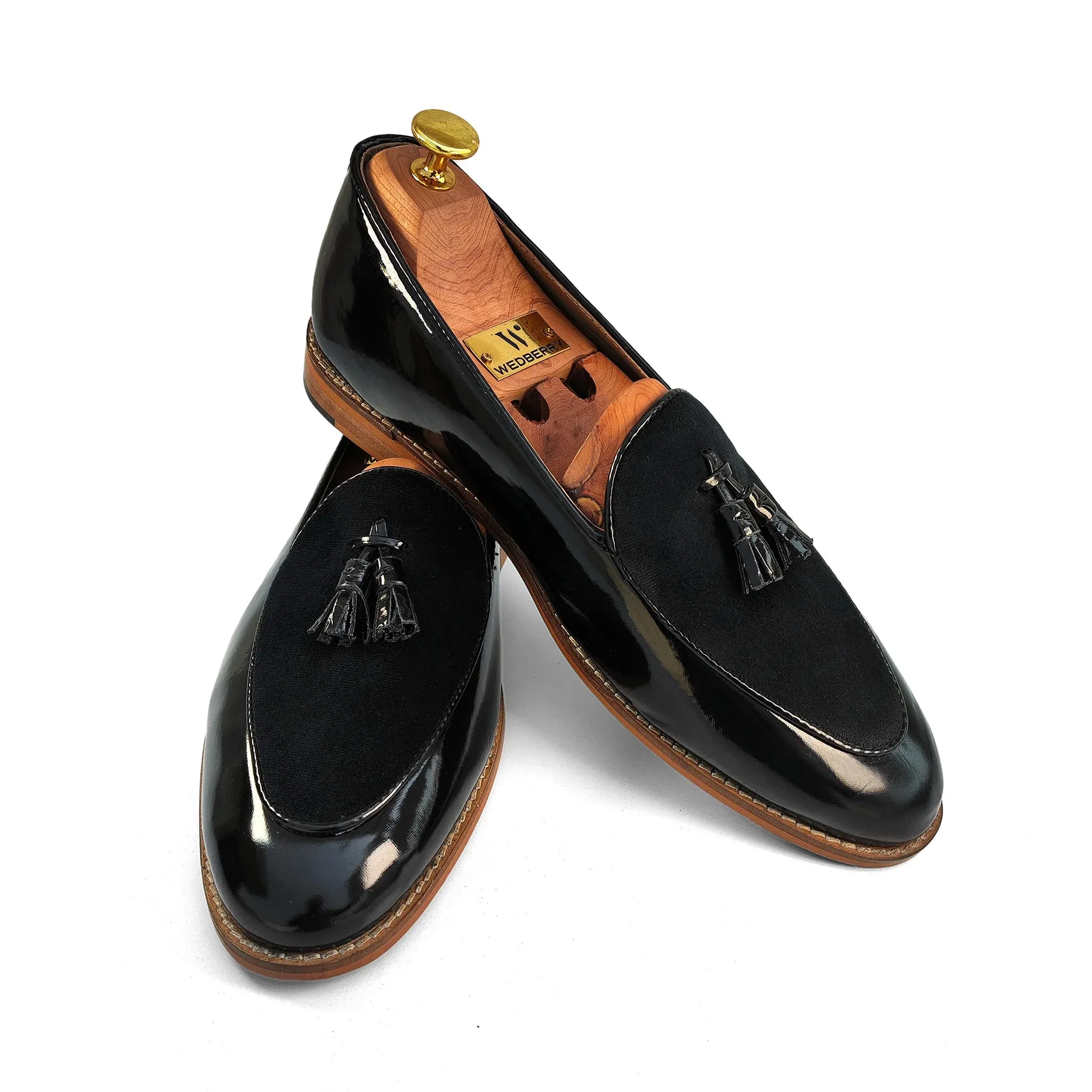 Black Patent and Velvet Tassle Ethnic Wedding Shoes Loafer Slipon for Men
