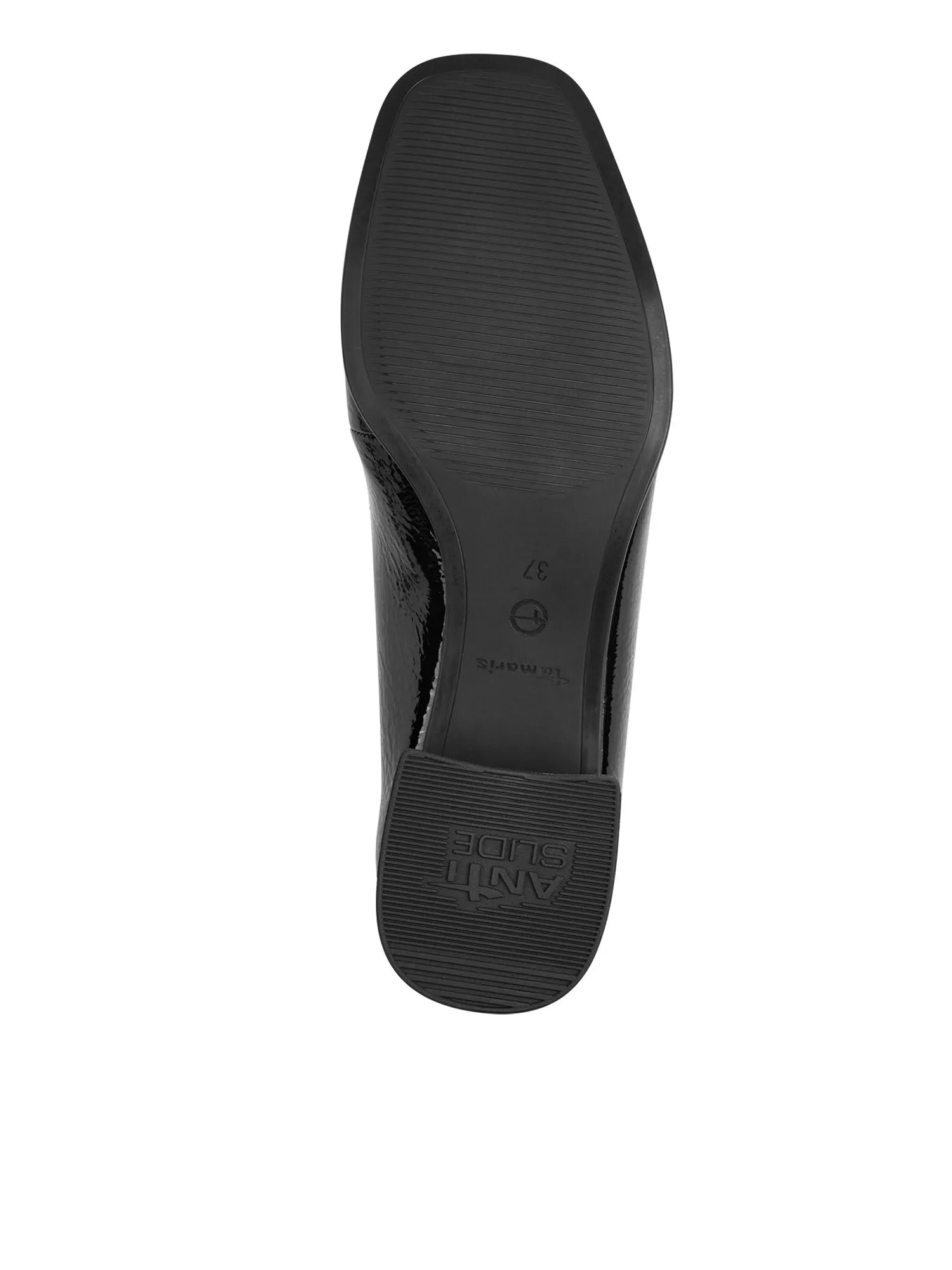 Black patent heeled loafer