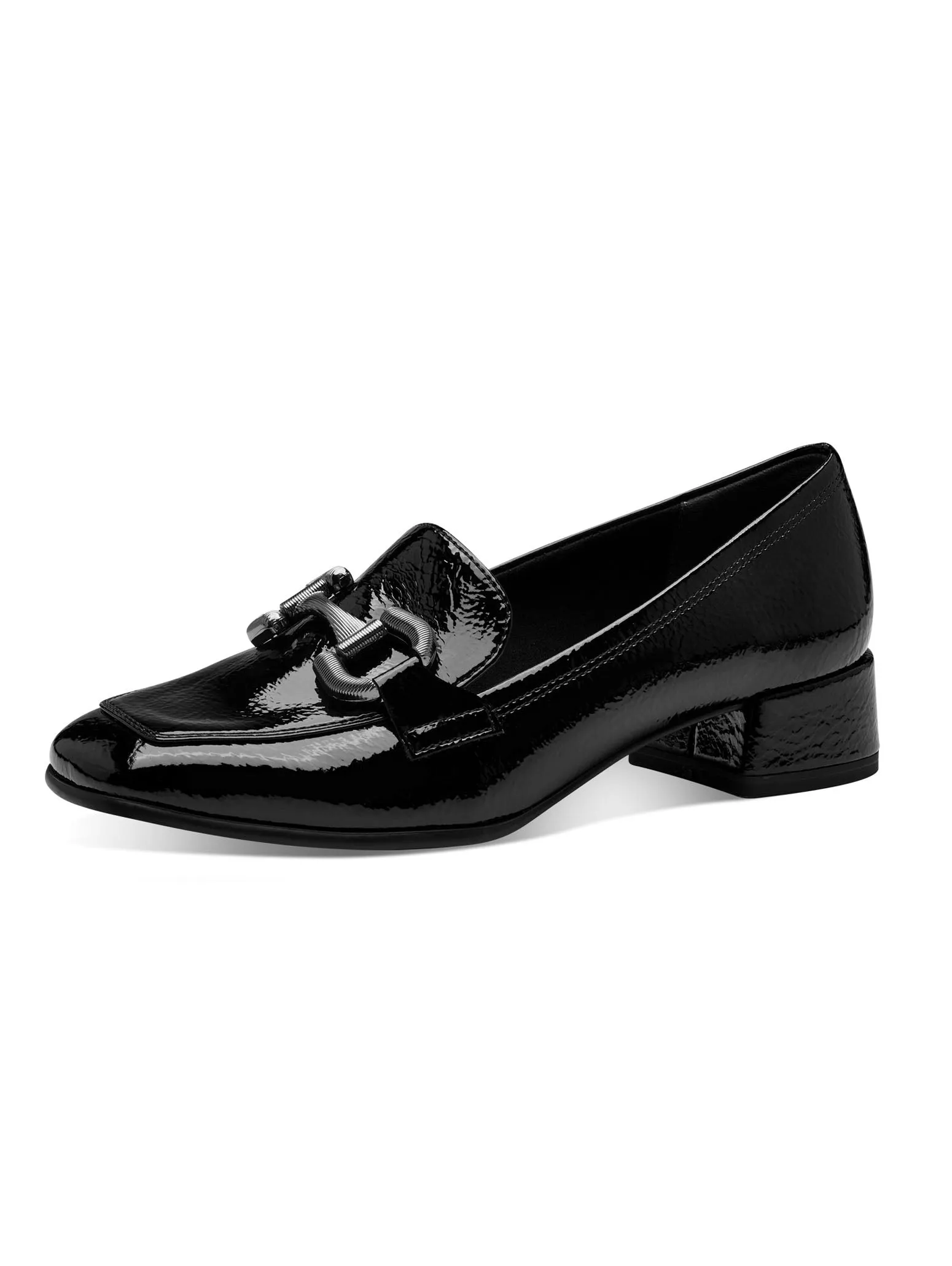 Black patent heeled loafer
