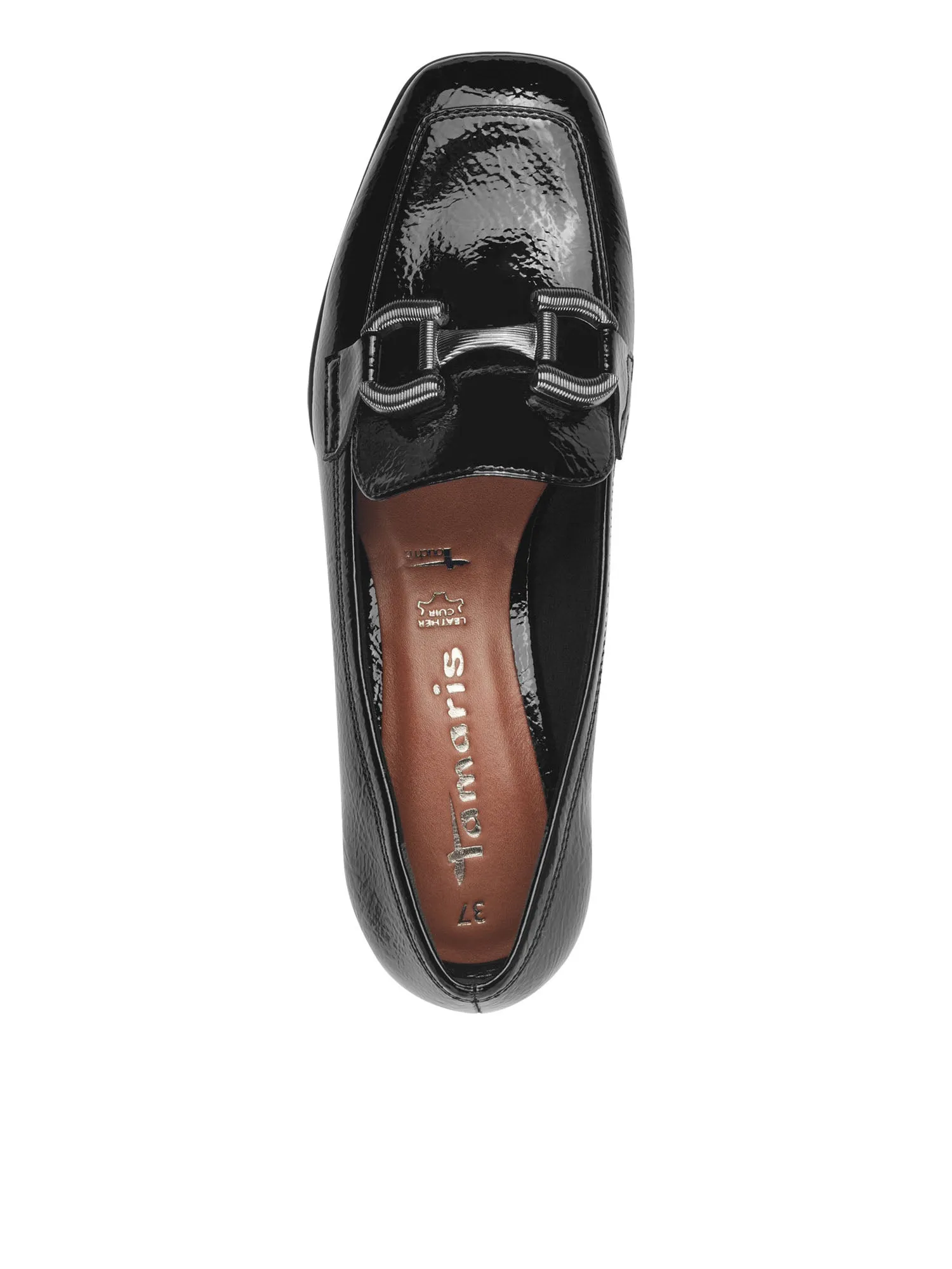 Black patent heeled loafer