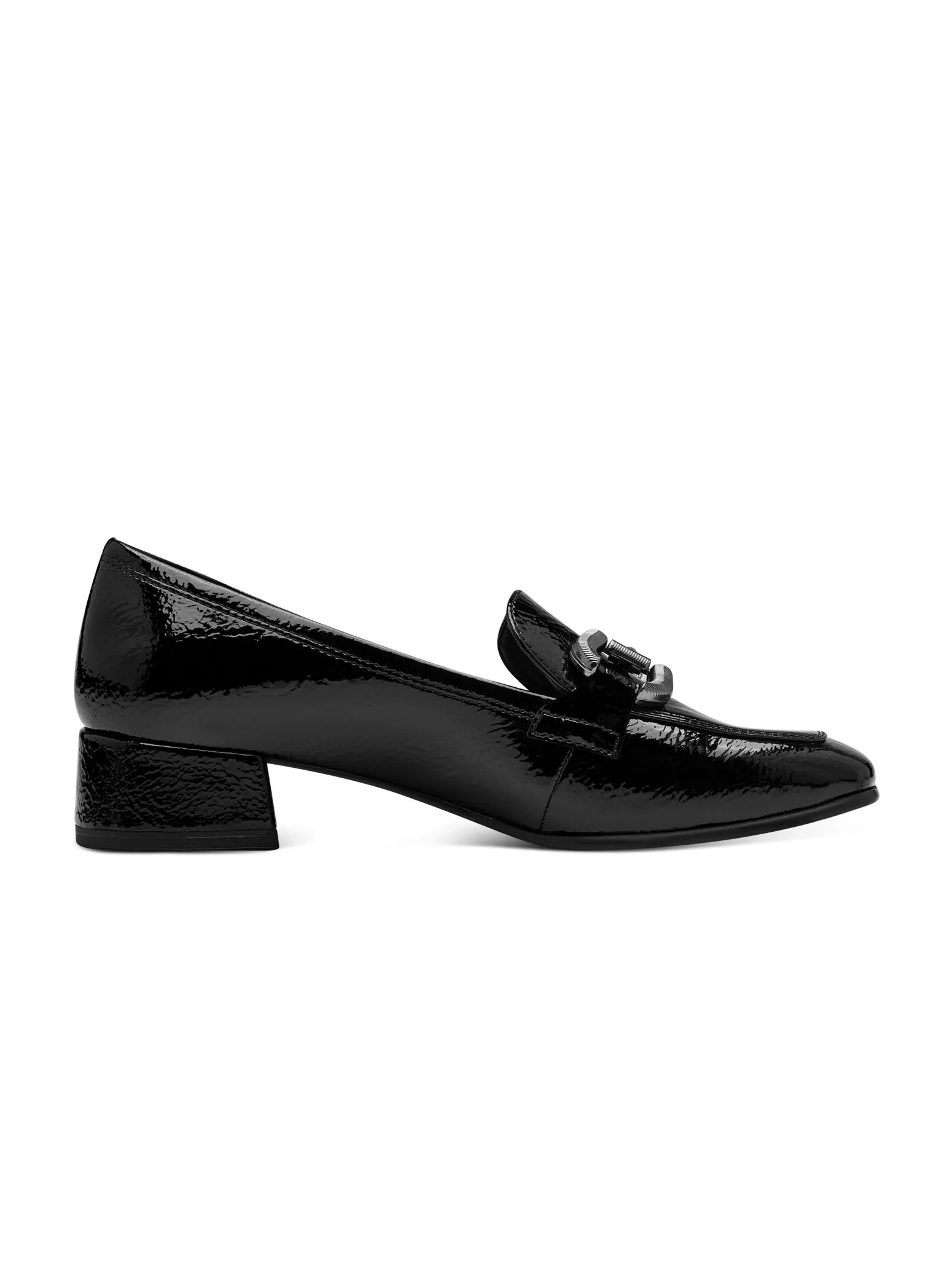 Black patent heeled loafer