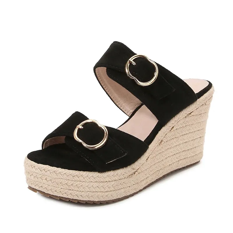 Black Slipper Style Wedge Heel Sandal
