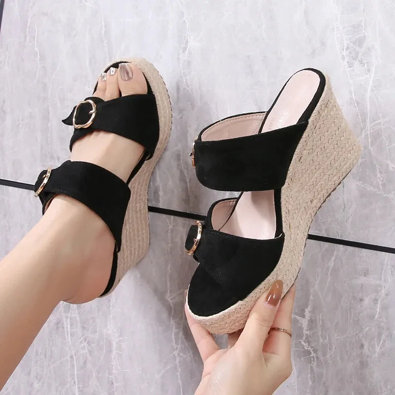 Black Slipper Style Wedge Heel Sandal