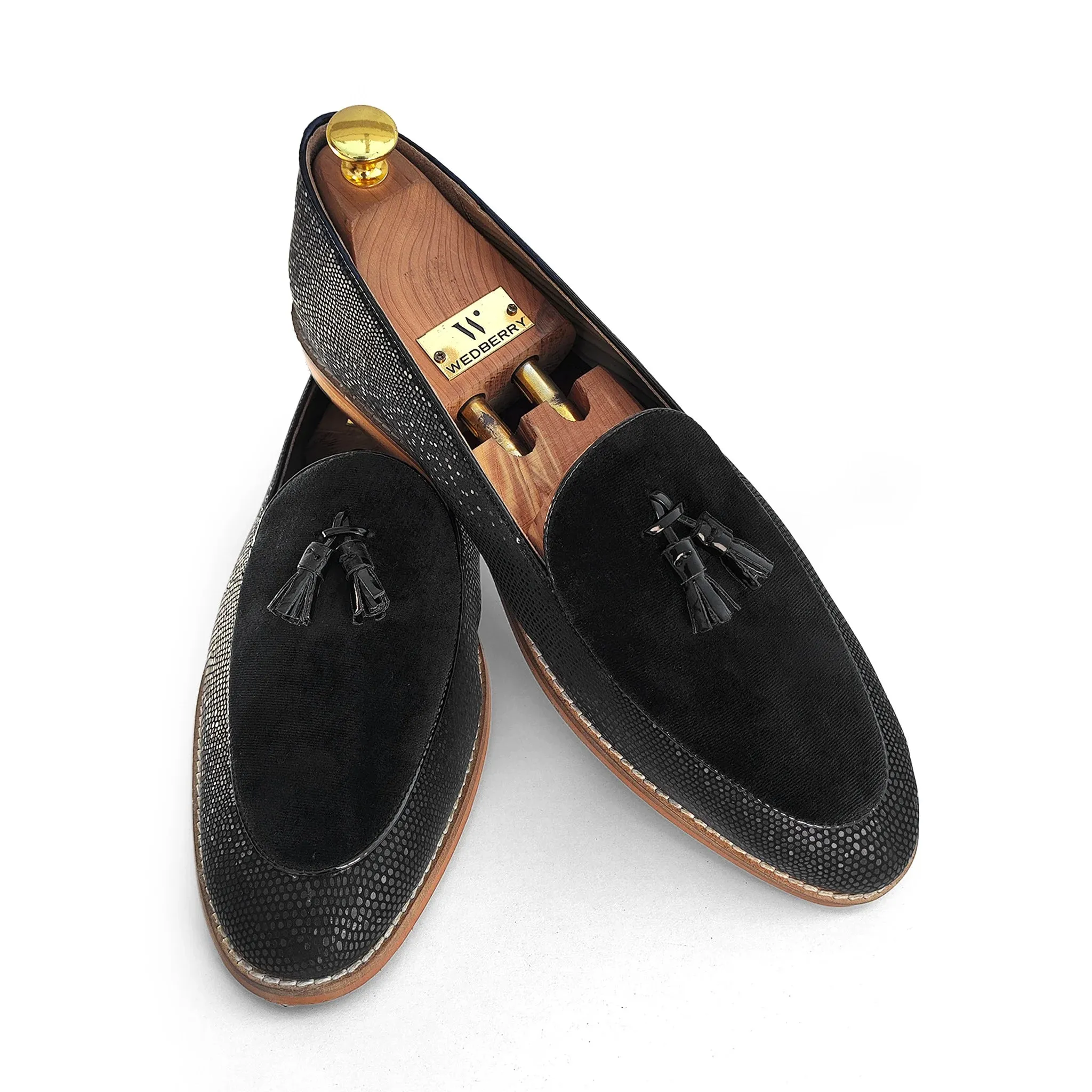 Black Snake Print and Velvet Tassle Ethnic Wedding Shoes Loafer Slipon for Men