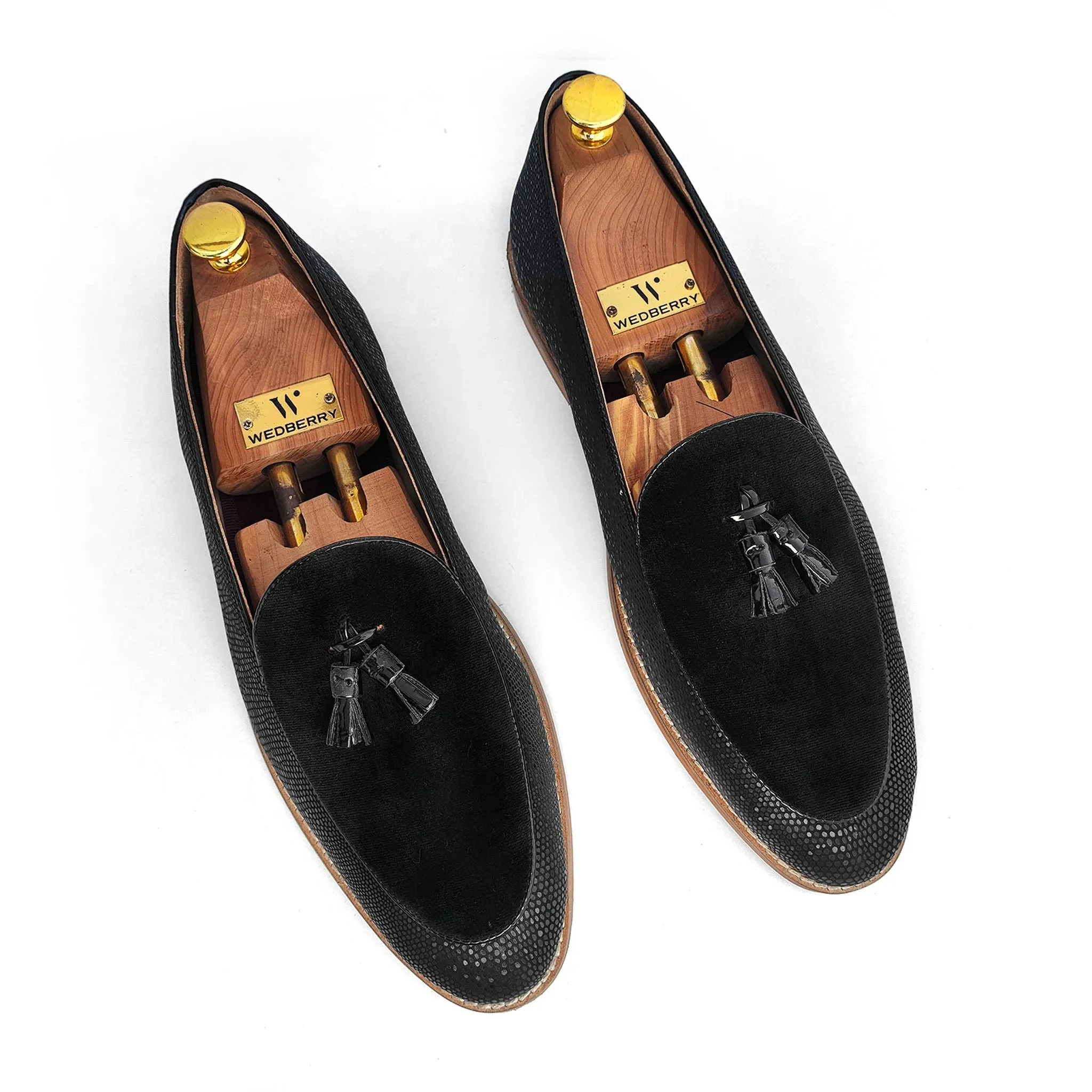 Black Snake Print and Velvet Tassle Ethnic Wedding Shoes Loafer Slipon for Men