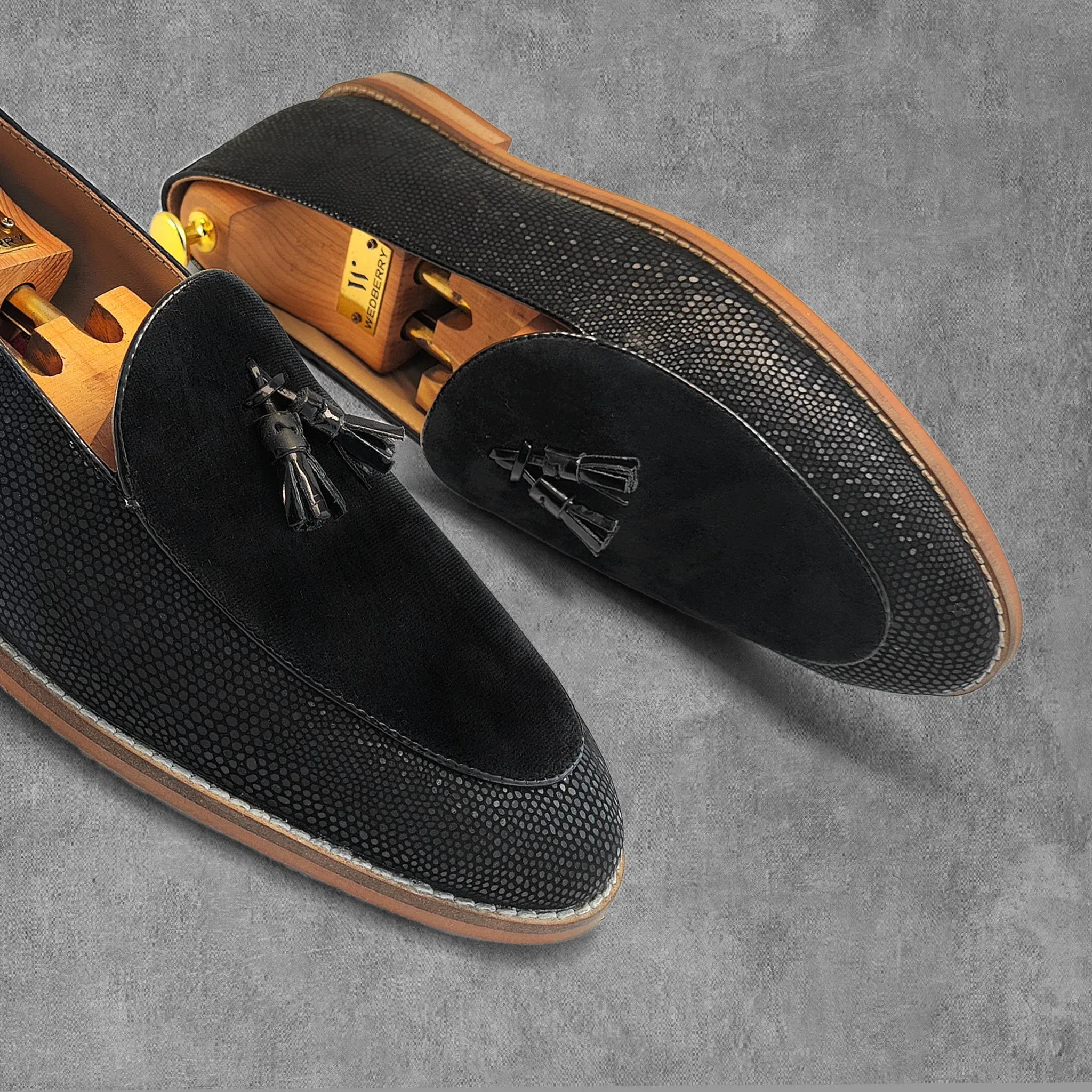 Black Snake Print and Velvet Tassle Ethnic Wedding Shoes Loafer Slipon for Men