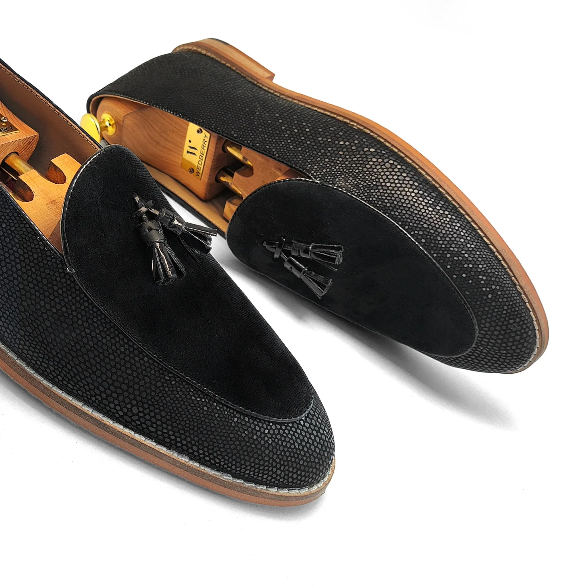 Black Snake Print and Velvet Tassle Ethnic Wedding Shoes Loafer Slipon for Men