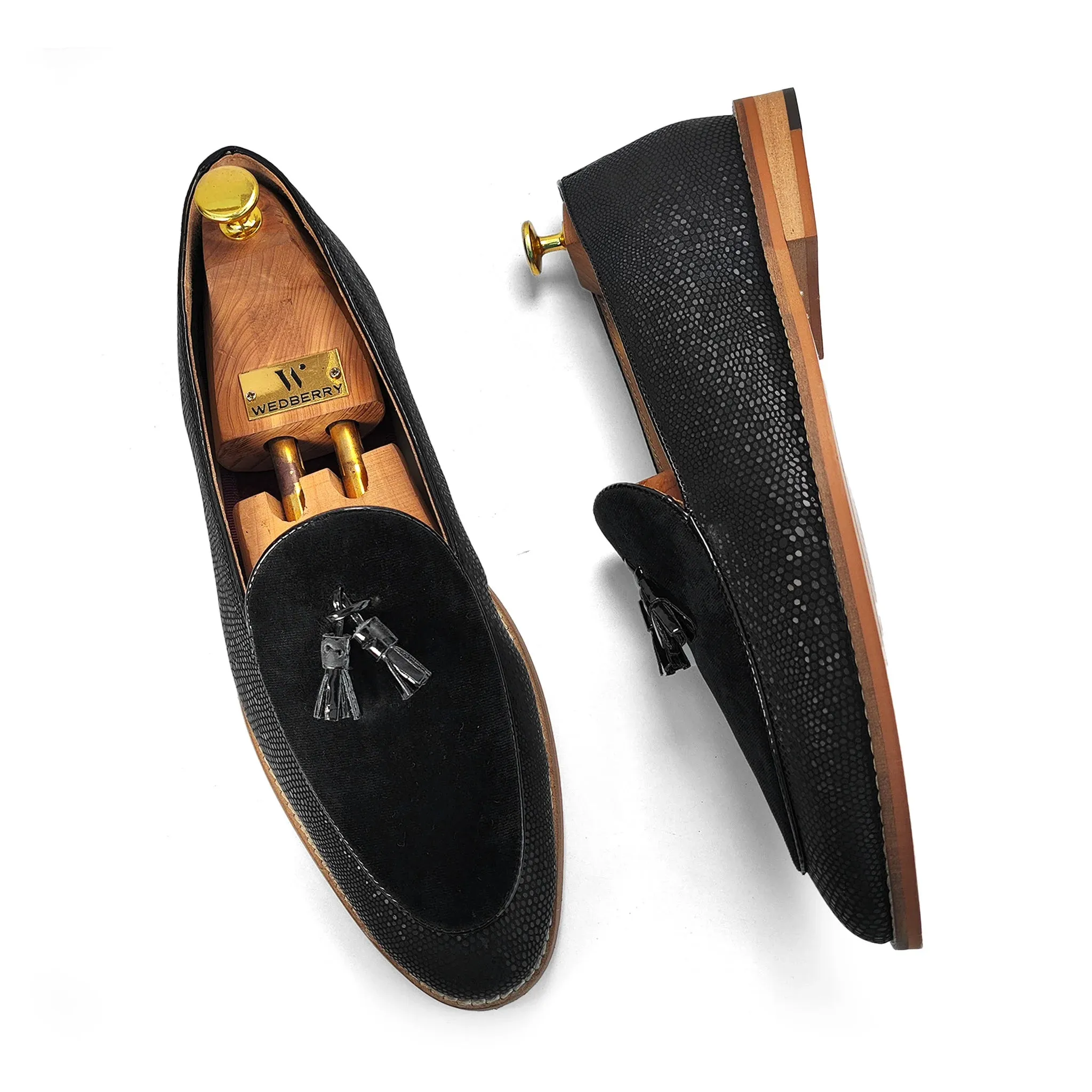 Black Snake Print and Velvet Tassle Ethnic Wedding Shoes Loafer Slipon for Men