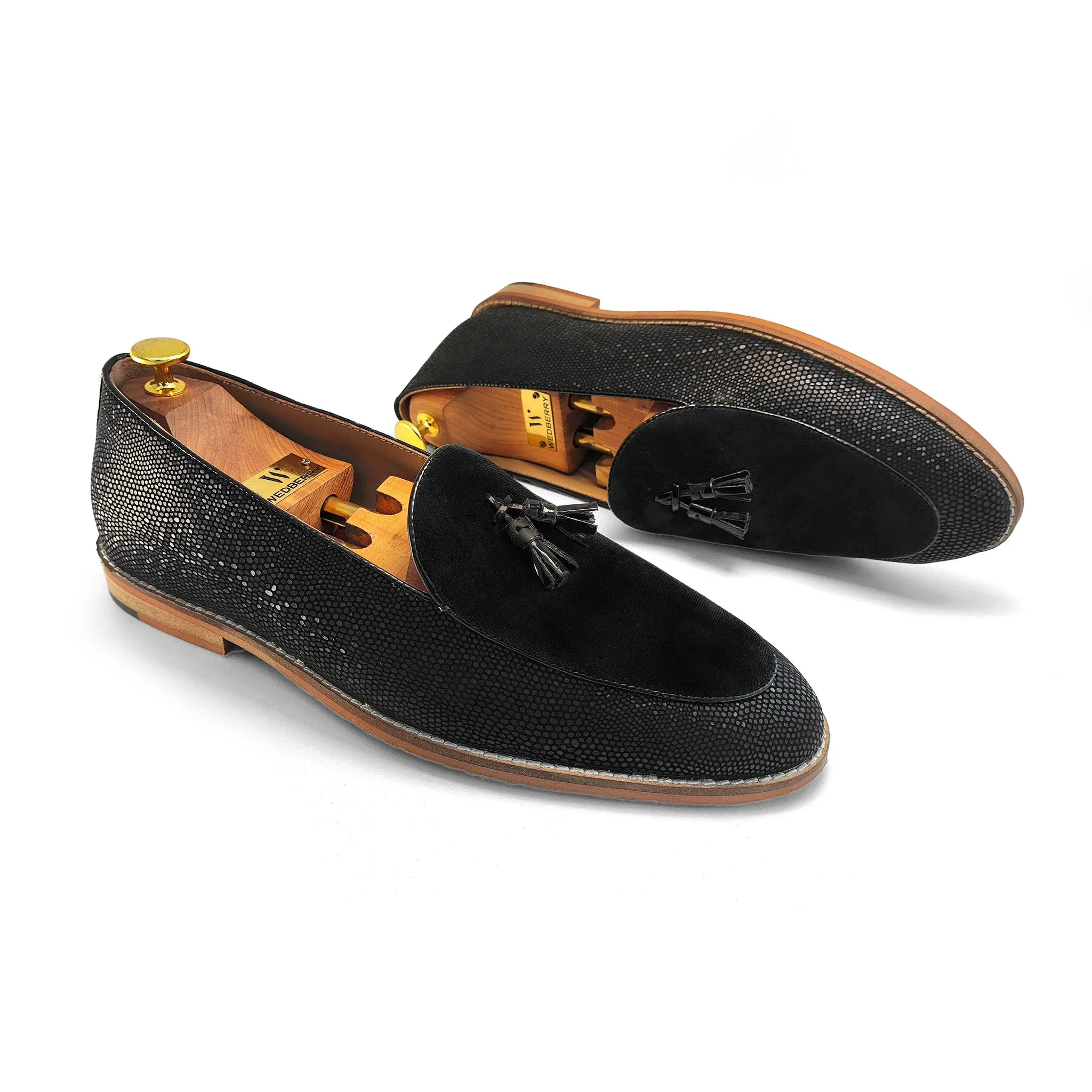 Black Snake Print and Velvet Tassle Ethnic Wedding Shoes Loafer Slipon for Men