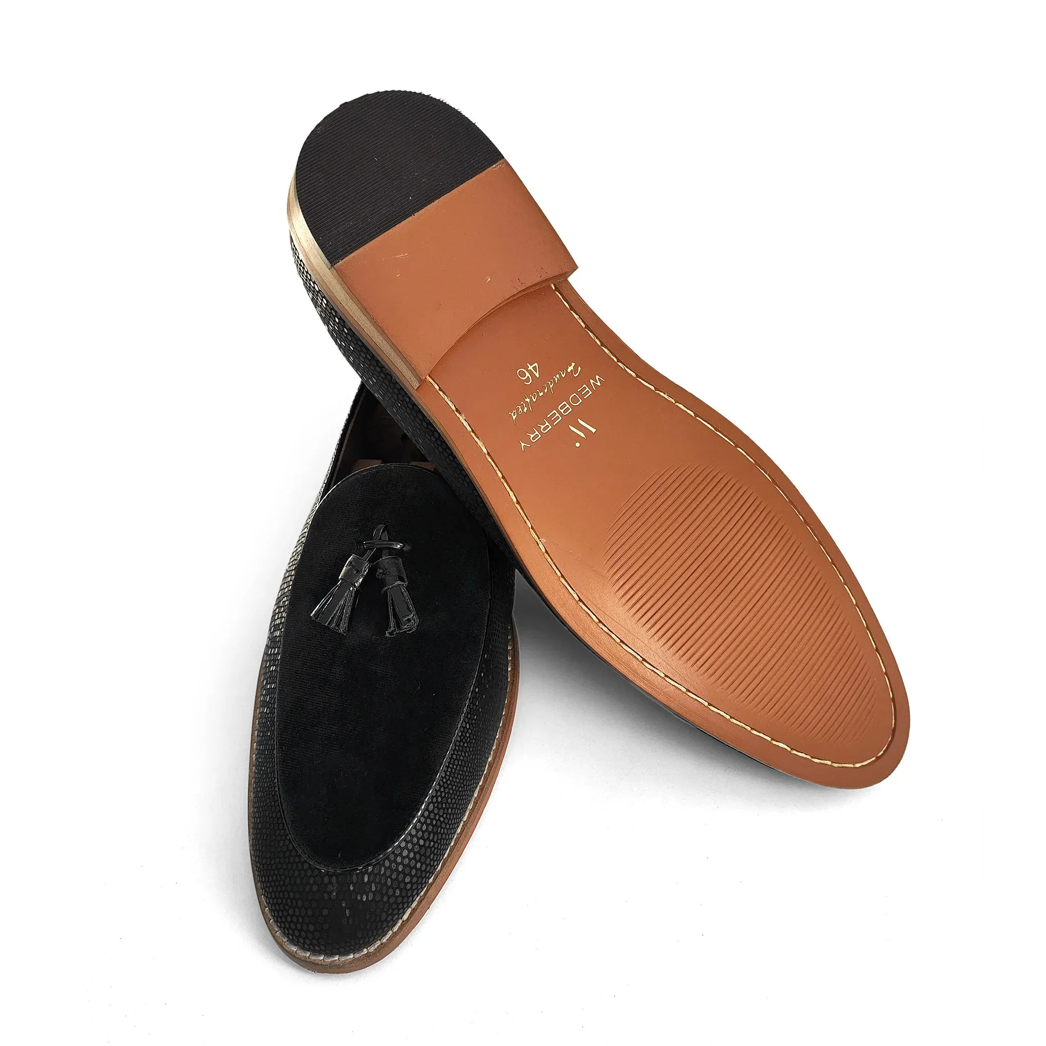 Black Snake Print and Velvet Tassle Ethnic Wedding Shoes Loafer Slipon for Men
