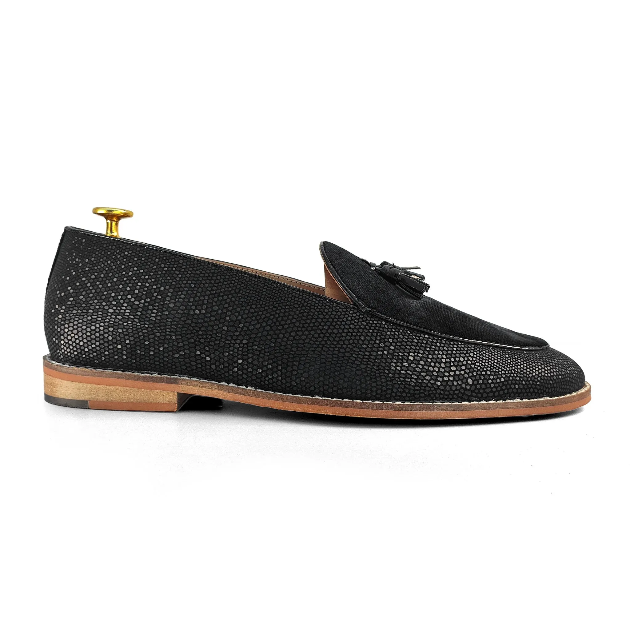 Black Snake Print and Velvet Tassle Ethnic Wedding Shoes Loafer Slipon for Men