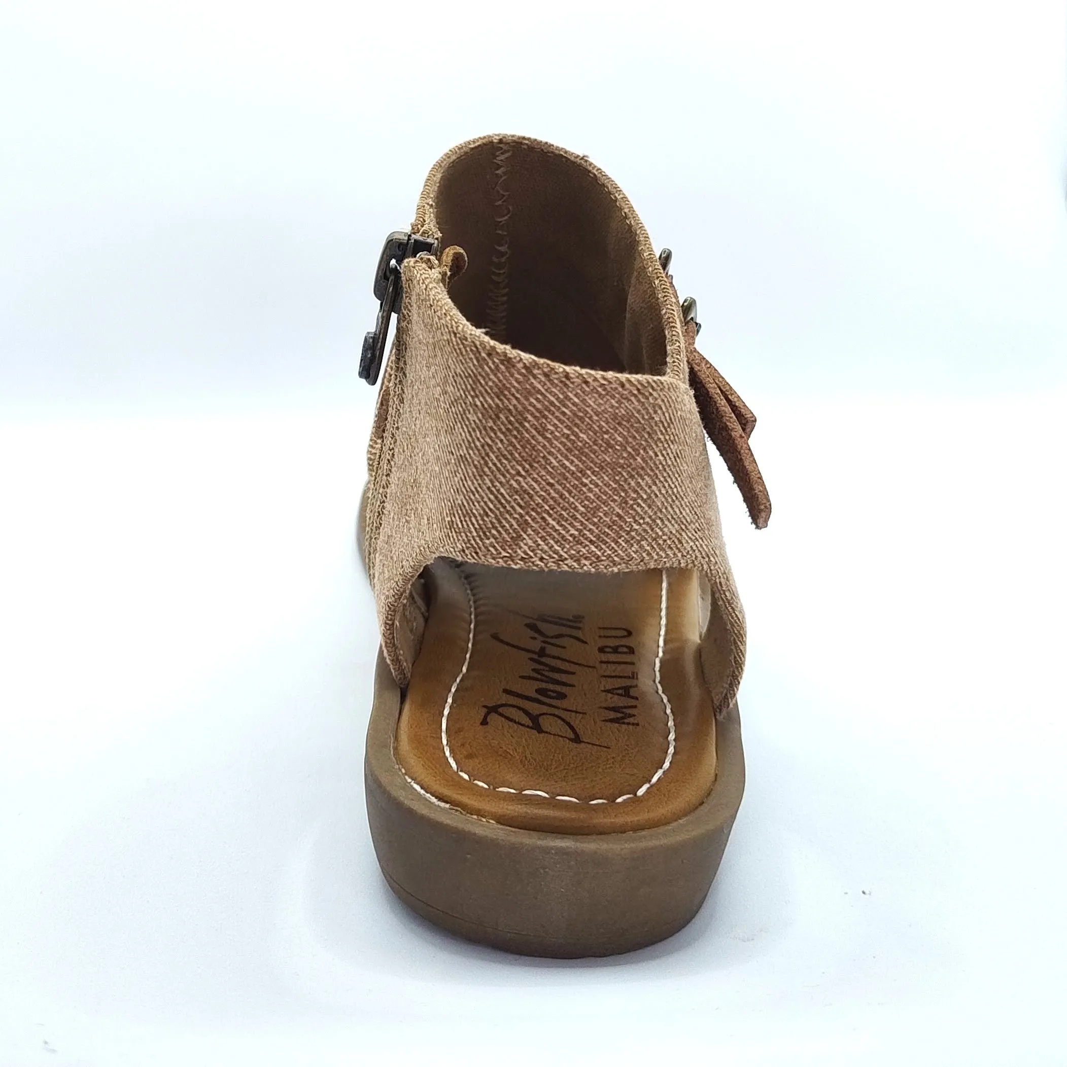 Blowfish Malibu Denver Women's Vegan Zip Up Low Wedge Sandal Sand Denim