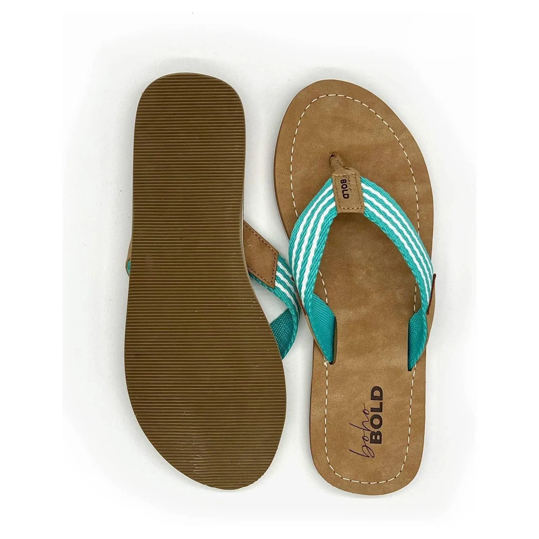 Boho Bold Woven Strap Flip Flops: Teal/White
