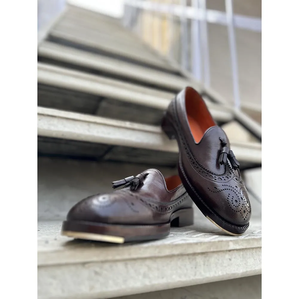 Brown Mirror Glossed Hatch Grain Short Tounge Tassel Loafer with Metal Toe