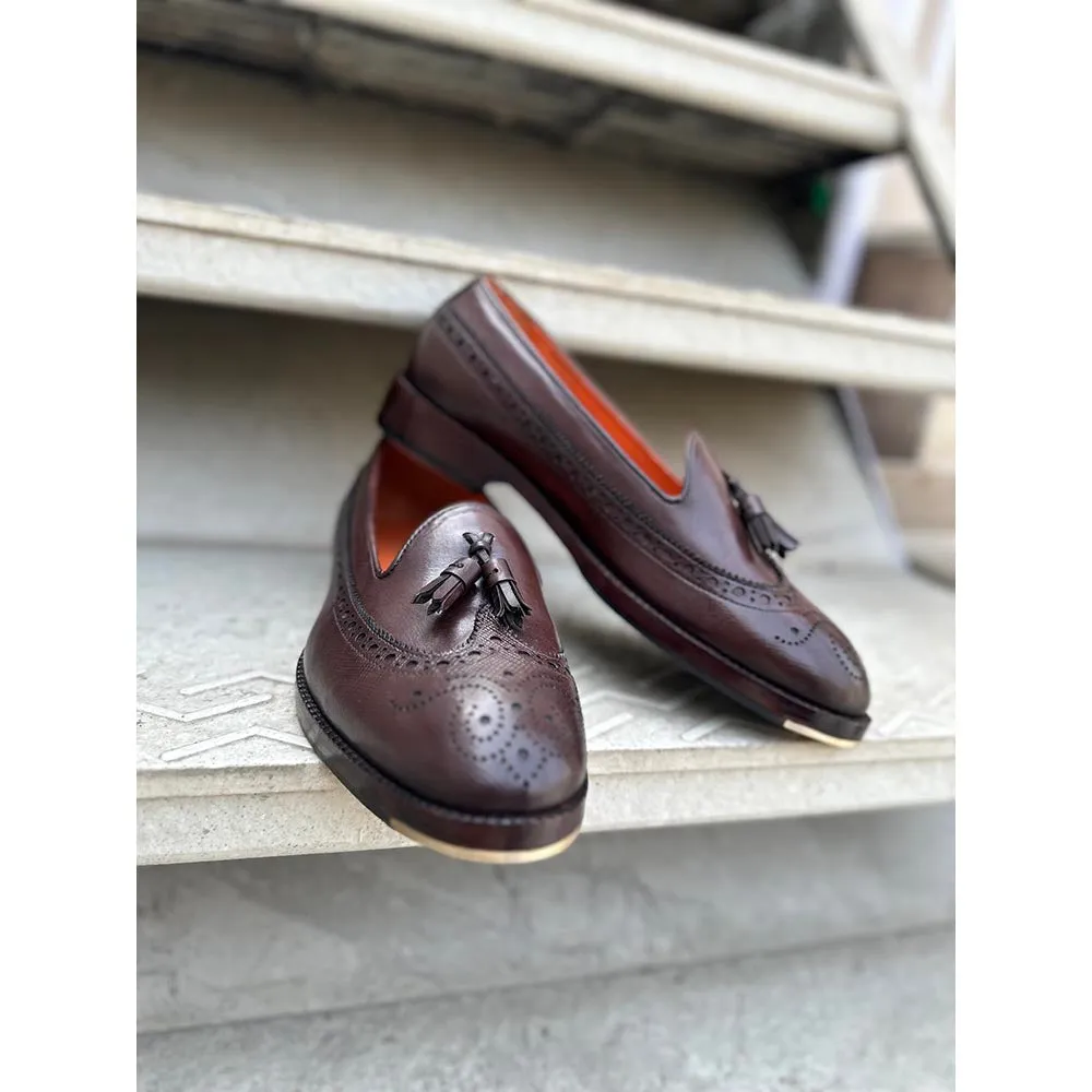 Brown Mirror Glossed Hatch Grain Short Tounge Tassel Loafer with Metal Toe