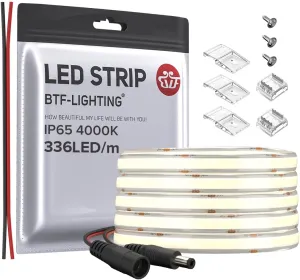 BTF-LIGHTING FCOB COB LED Strip IP65 Flexible High Density Uniform Light 8W/m 16.4FT DC24V Natural White 4000K 336LED/m CRI 90  8mm Width for Home Indoor Decor(No Adapter or Controller)