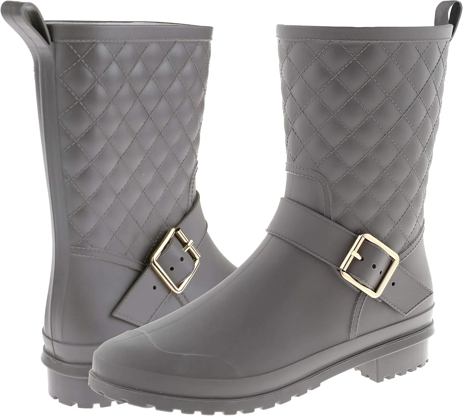 Capelli New York Matte Grey Solid Body with Quilted Shaft and Ankle Strap with Metal Buckle Ladies Mid-Calf Jelly Rain Boot Combo 7