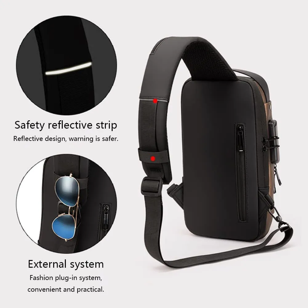 Carbon Fiber Streamline Anti-theft Sling Bag, USB Charging Sport Sling Anti Theft Shoulder Bag, Waterproof Shoulder Backpack (Black gold), Medium
