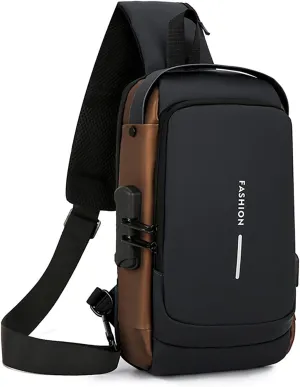 Carbon Fiber Streamline Anti-theft Sling Bag, USB Charging Sport Sling Anti Theft Shoulder Bag, Waterproof Shoulder Backpack (Black gold), Medium