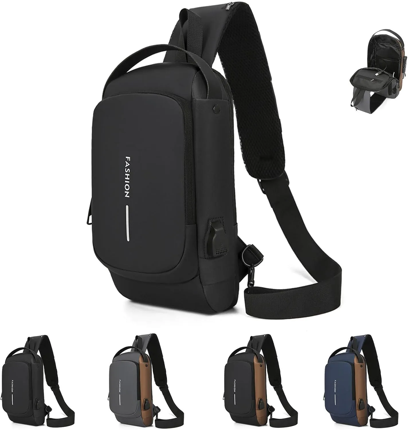 Carbon Fiber Streamline Anti-Theft Sling Bag, USB Charging Sport Sling,Waterproof Shoulder Backpack, for Daily Trips (Black)
