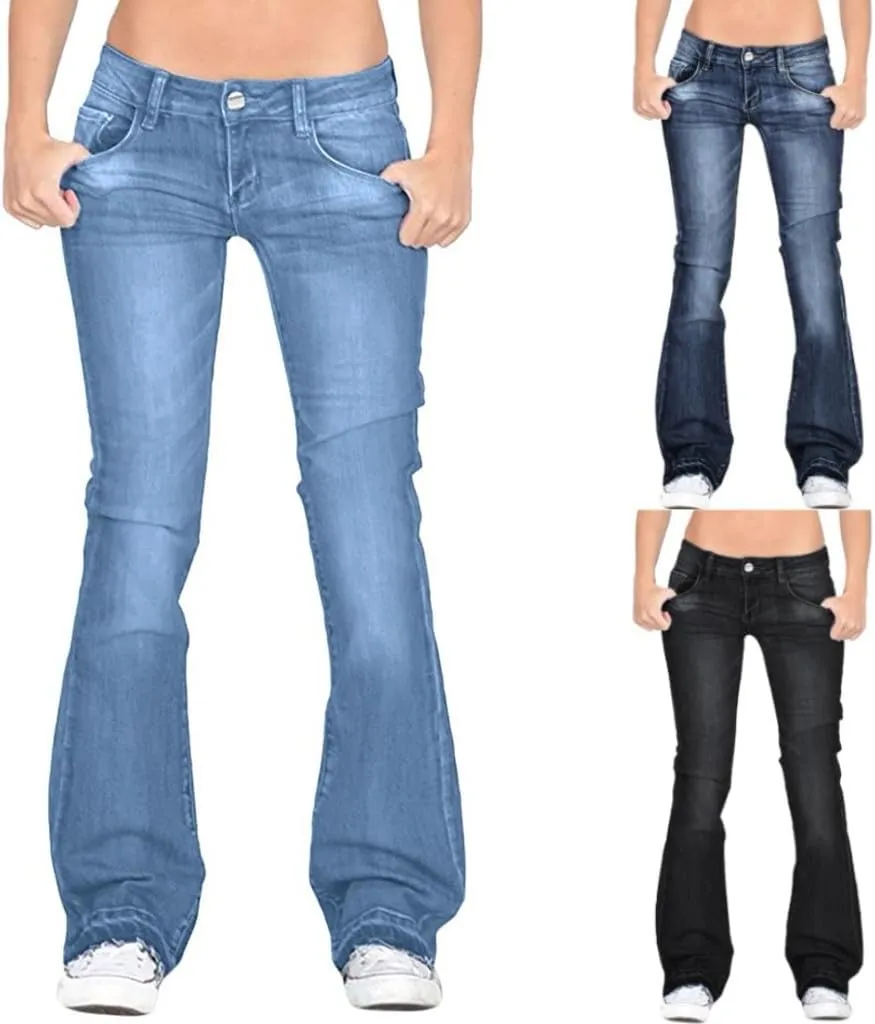 Casual Boot Cut Flared Jeans Pants for Women Low-Rise Wide Leg Bell Bottom Stacked Denim Trousers with Pockets XS-4XL