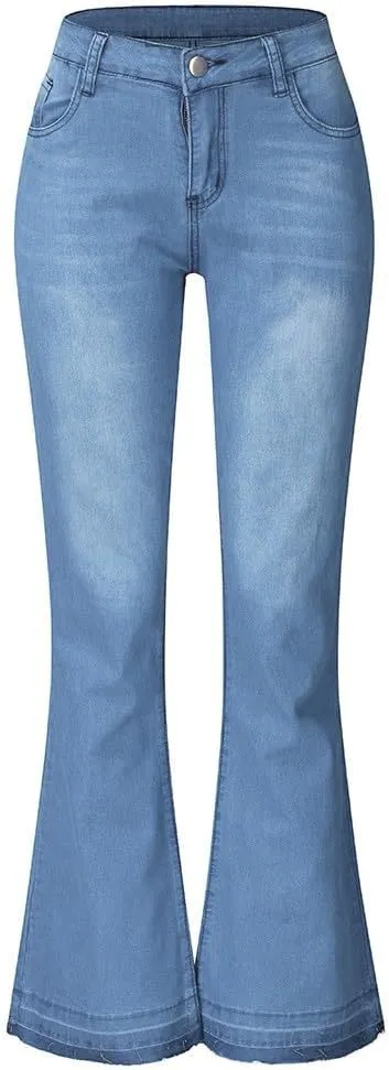 Casual Boot Cut Flared Jeans Pants for Women Low-Rise Wide Leg Bell Bottom Stacked Denim Trousers with Pockets XS-4XL