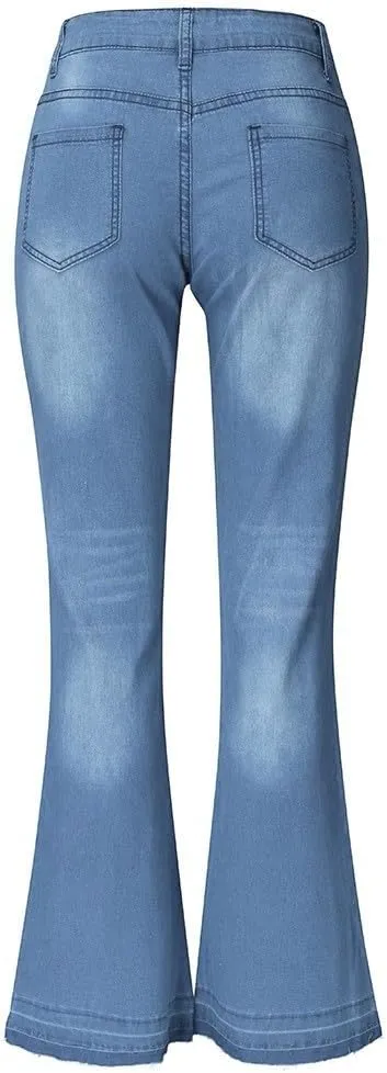 Casual Boot Cut Flared Jeans Pants for Women Low-Rise Wide Leg Bell Bottom Stacked Denim Trousers with Pockets XS-4XL