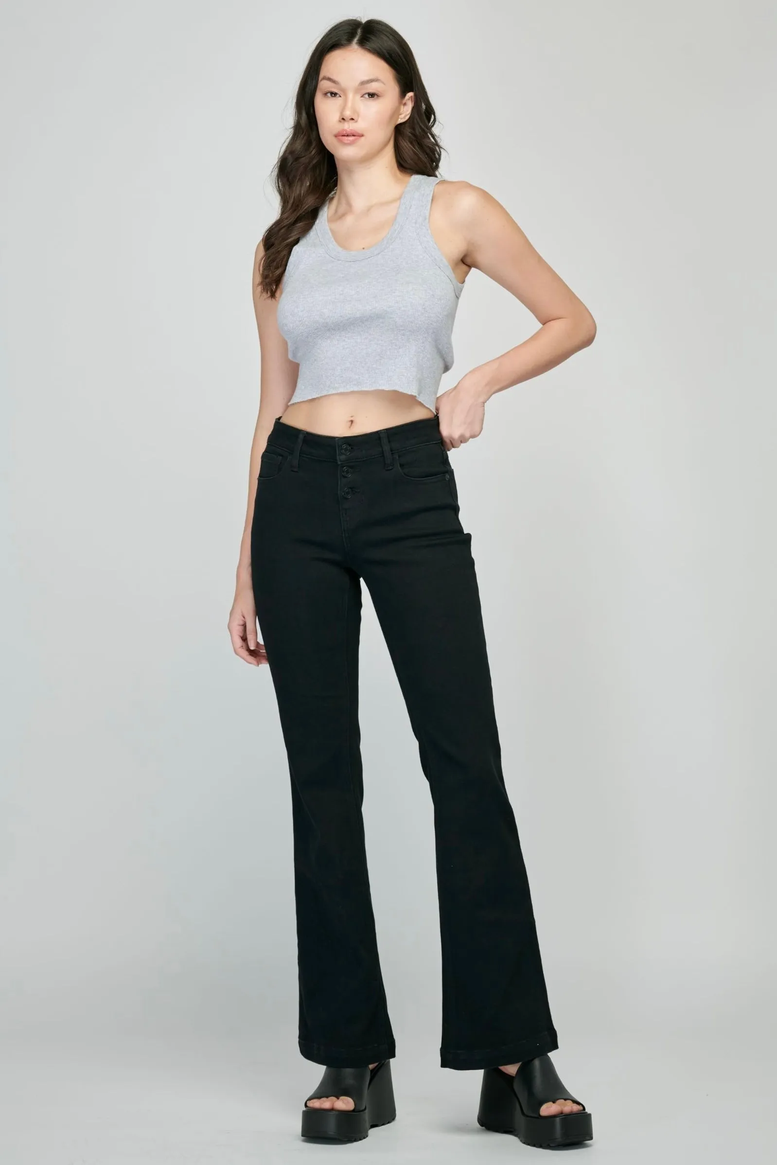 Cello Low Rise 3 Button Black Flare Jean