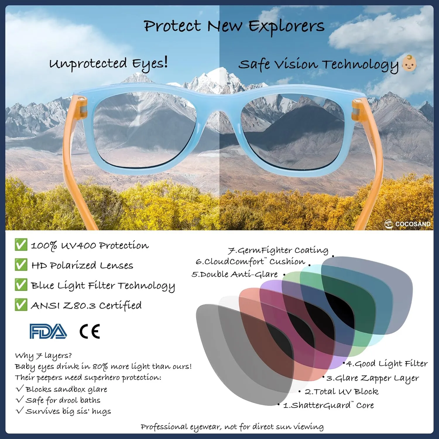 COCOSAND Flexible Polarized Baby Sunglasses with Strap UV Protection for Toddler Infant Girl Boy Age 0-24 Months