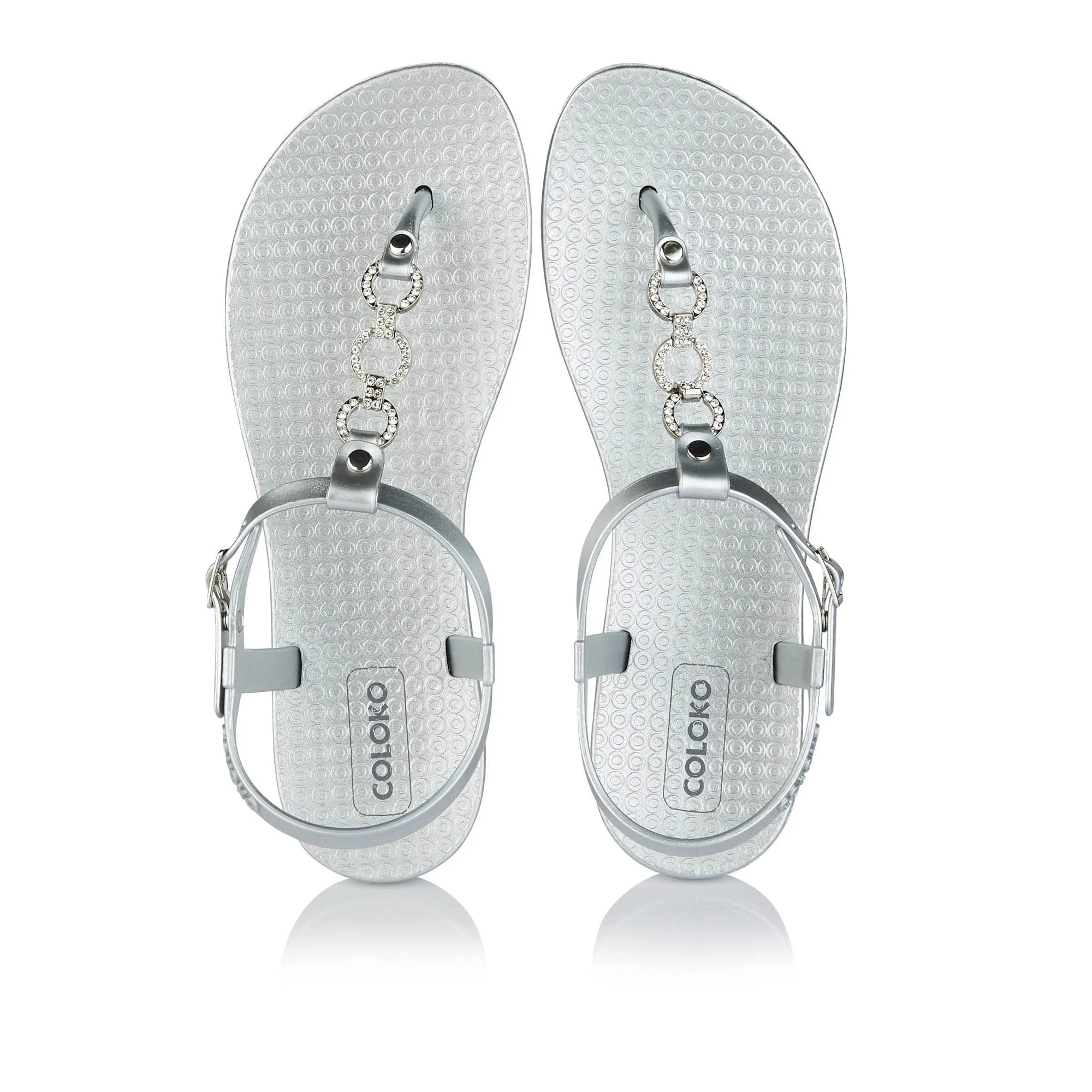 Coloko Cosmos Metallic Silver Glamorous Jewel Chain T-bar Flip Flops Sandals