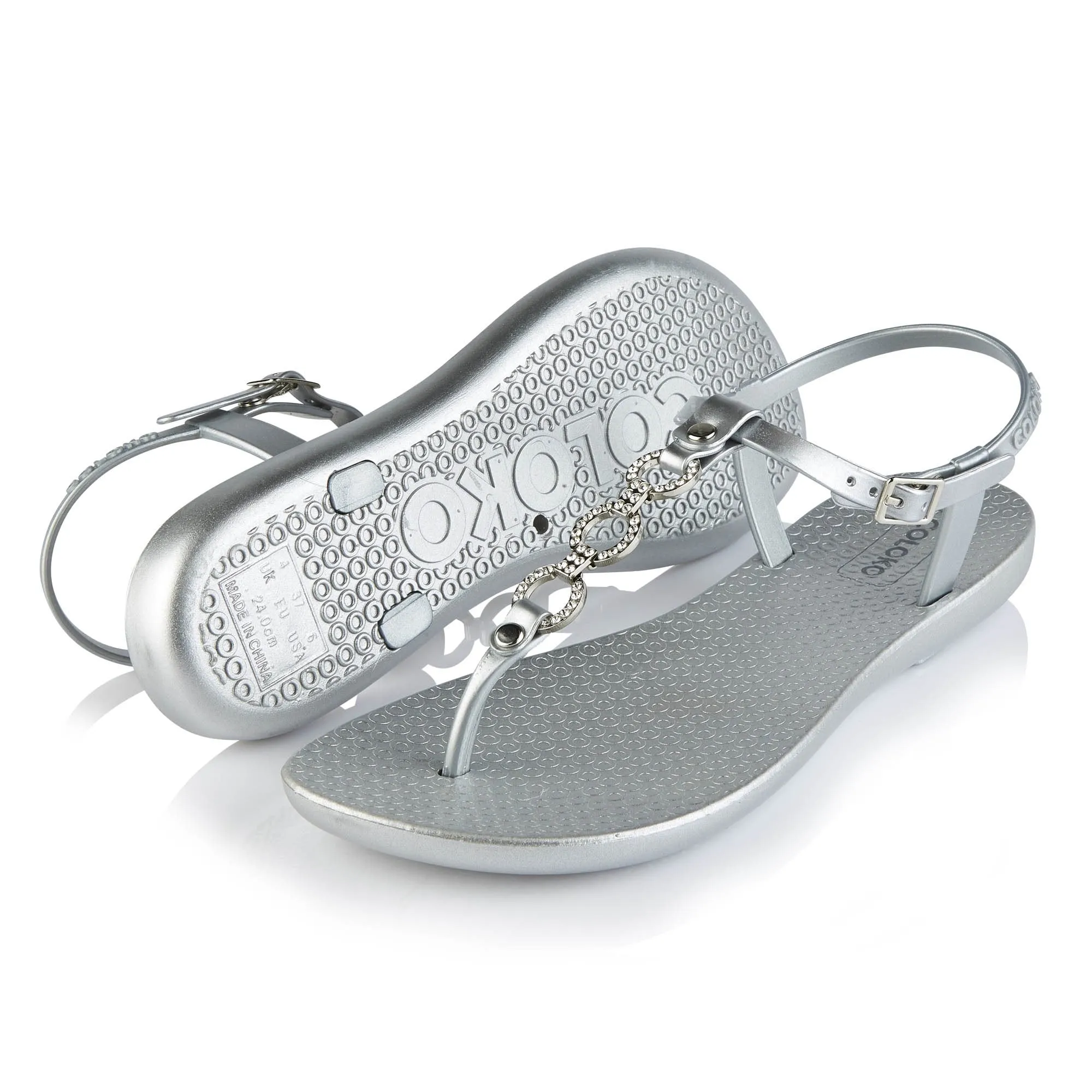 Coloko Cosmos Metallic Silver Glamorous Jewel Chain T-bar Flip Flops Sandals