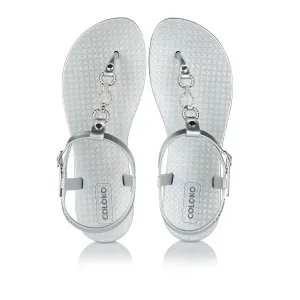 Coloko Cosmos Metallic Silver Glamorous Jewel Chain T-bar Flip Flops Sandals