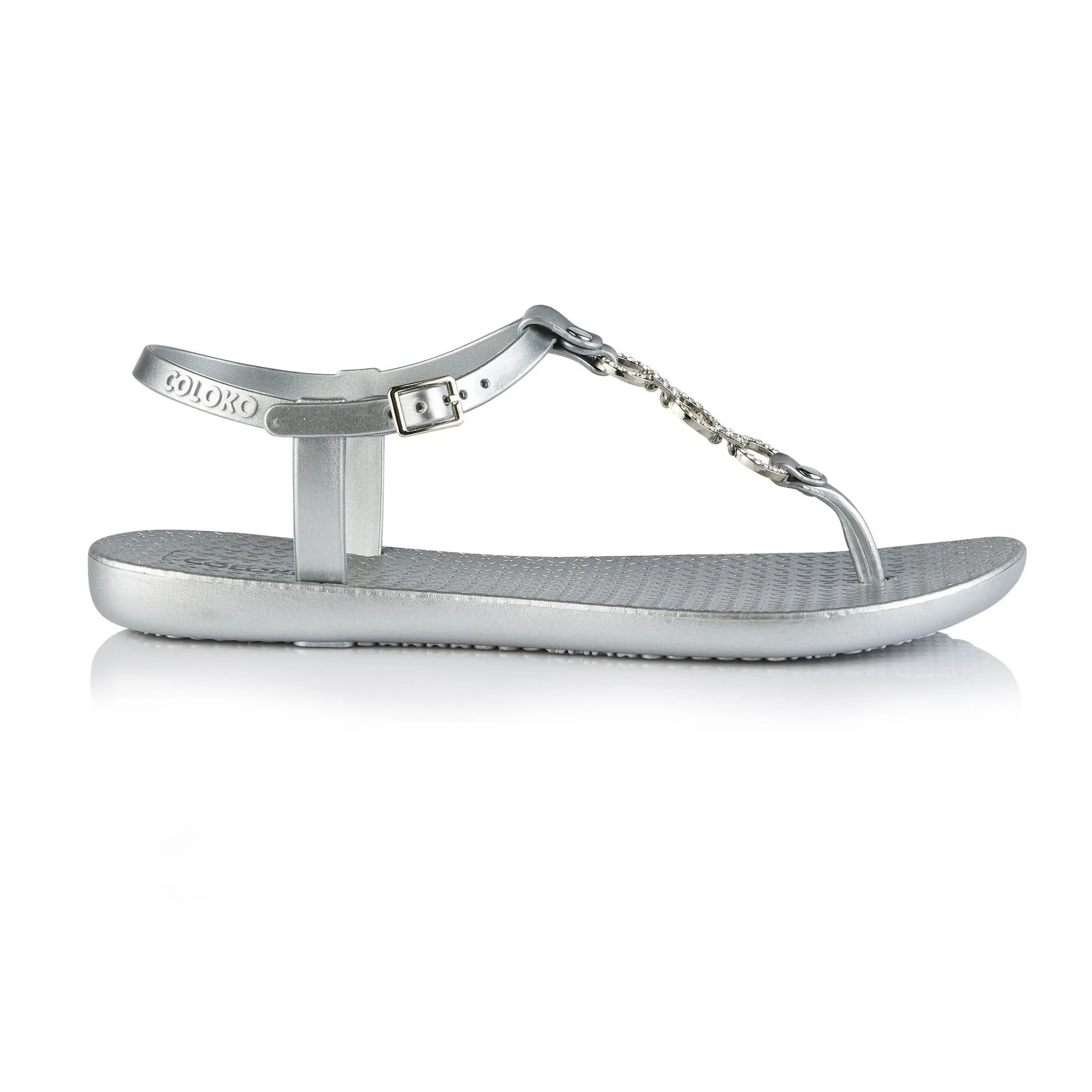 Coloko Cosmos Metallic Silver Glamorous Jewel Chain T-bar Flip Flops Sandals