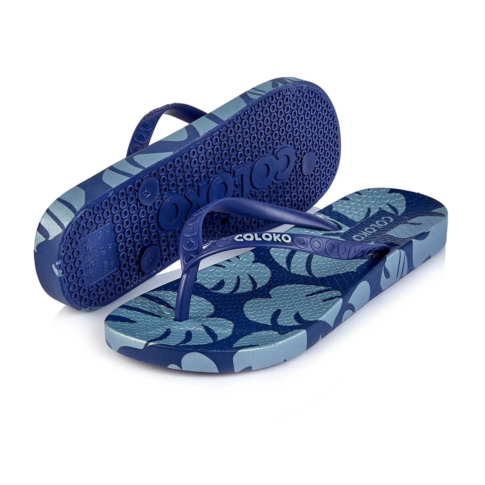 Coloko Ixora Navy & Silver Leaf Ergonomic Footbed Flip Flops