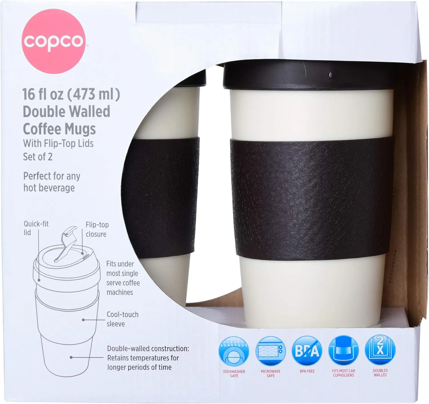 Copco 5237070 Resusable Set of 2 Insulated Double Wall Travel Mugs, 16-Ounce, White/Brown